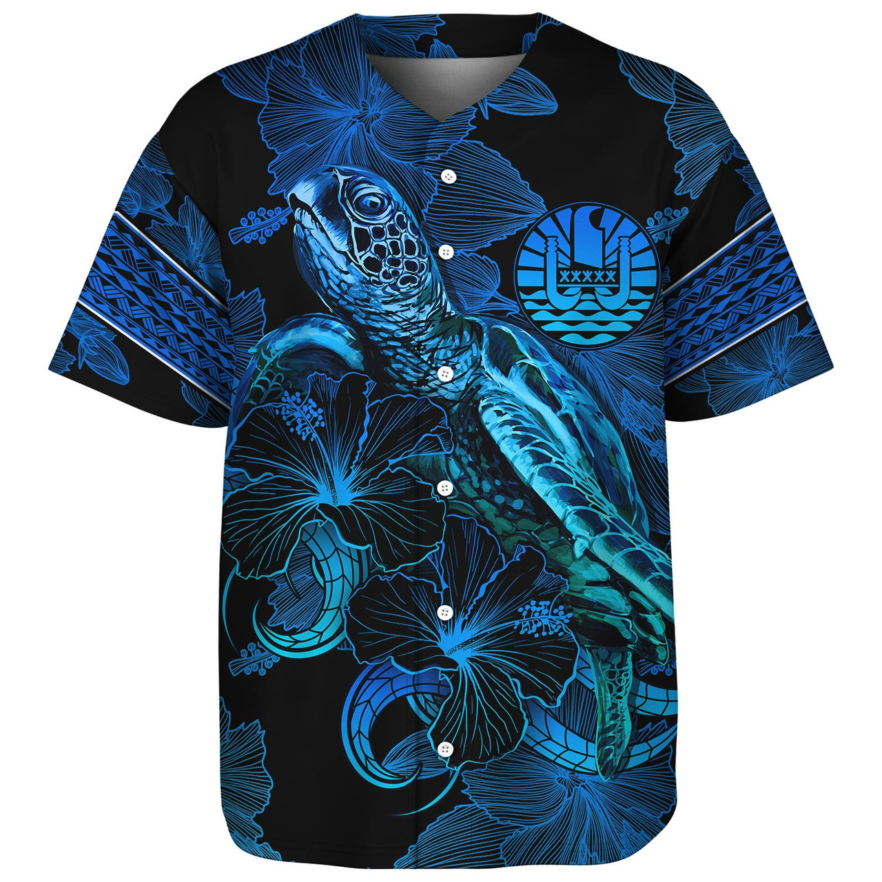 French Polynesia Baseball Shirt Sea Turtle With Blooming Hibiscus Flowers Tribal Blue