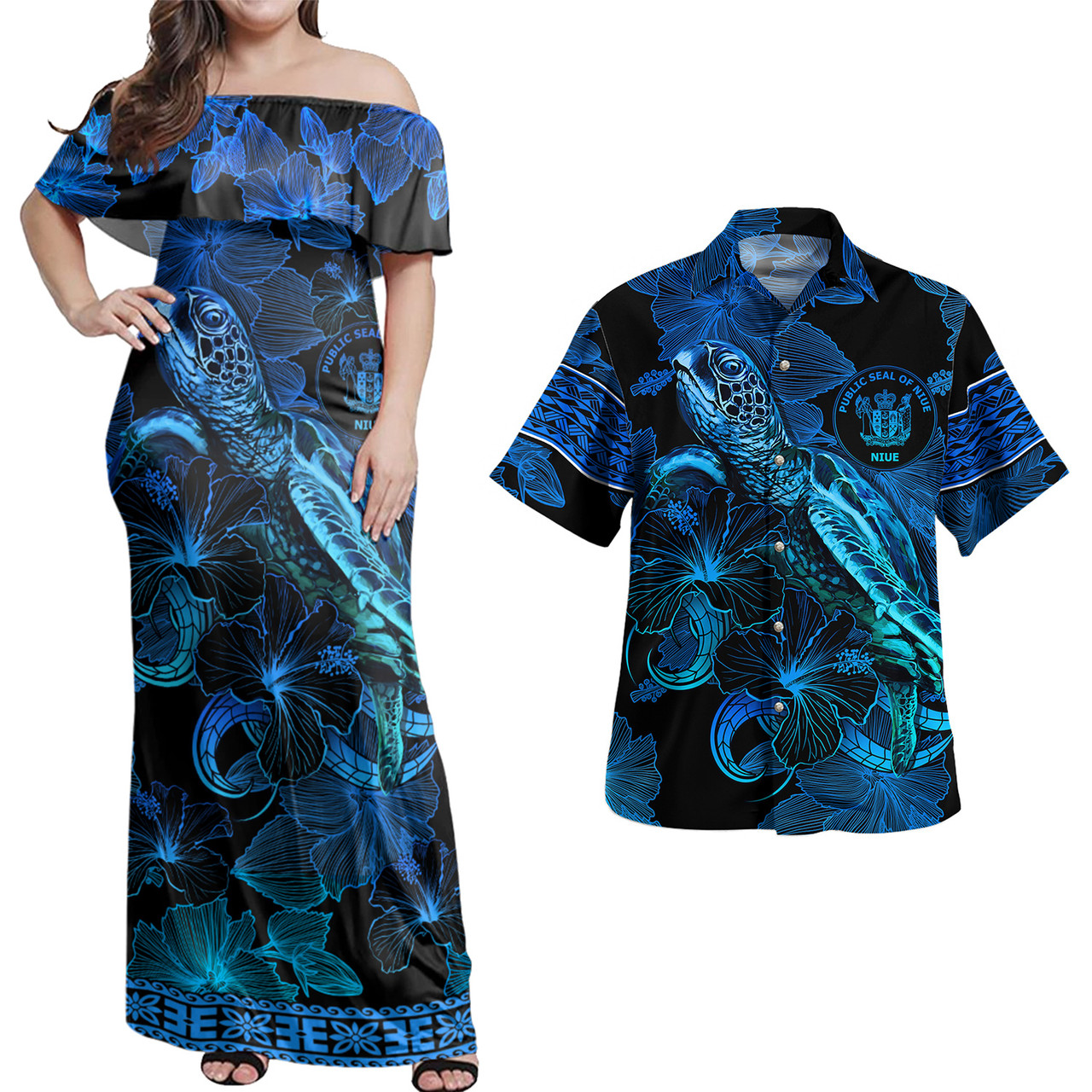 Niue Combo Off Shoulder Long Dress And Shirt Sea Turtle With Blooming Hibiscus Flowers Tribal Blue