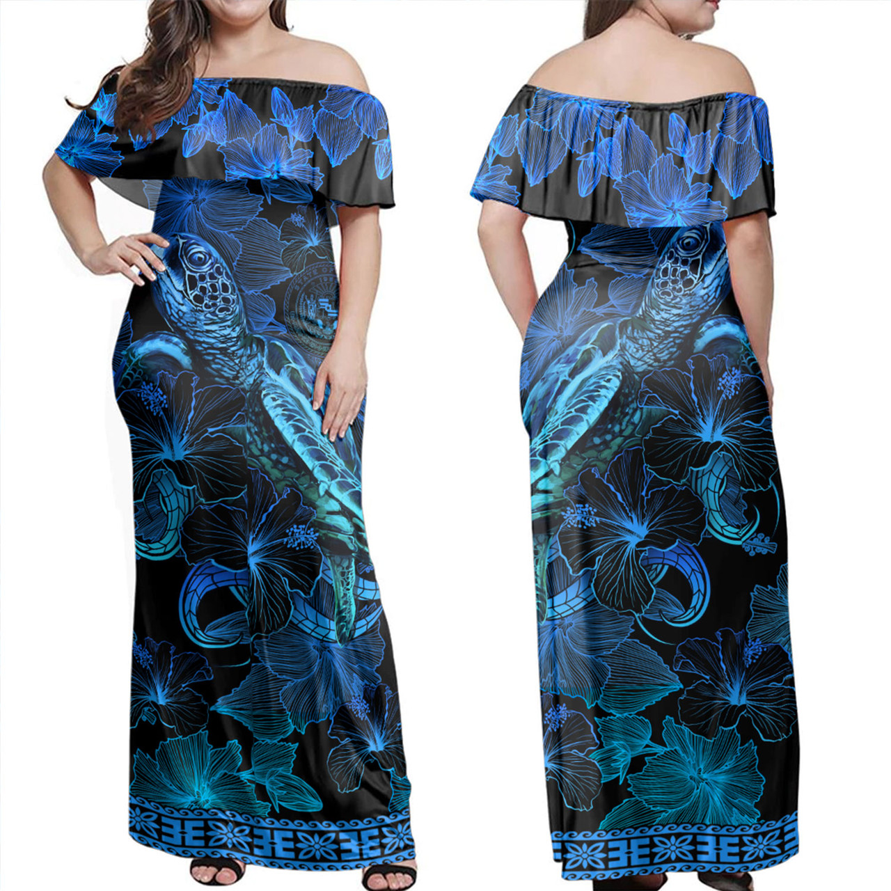 Hawaii Combo Off Shoulder Long Dress And Shirt Sea Turtle With Blooming Hibiscus Flowers Tribal Blue
