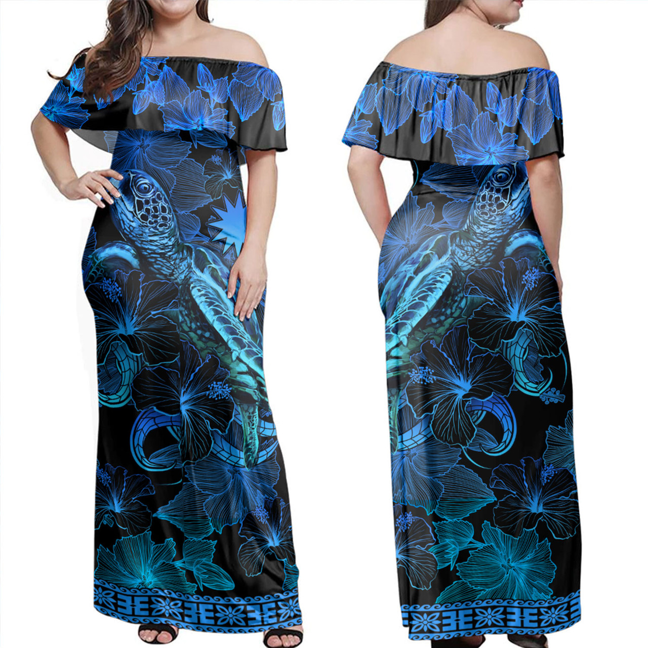 Nauru Combo Off Shoulder Long Dress And Shirt Sea Turtle With Blooming Hibiscus Flowers Tribal Blue