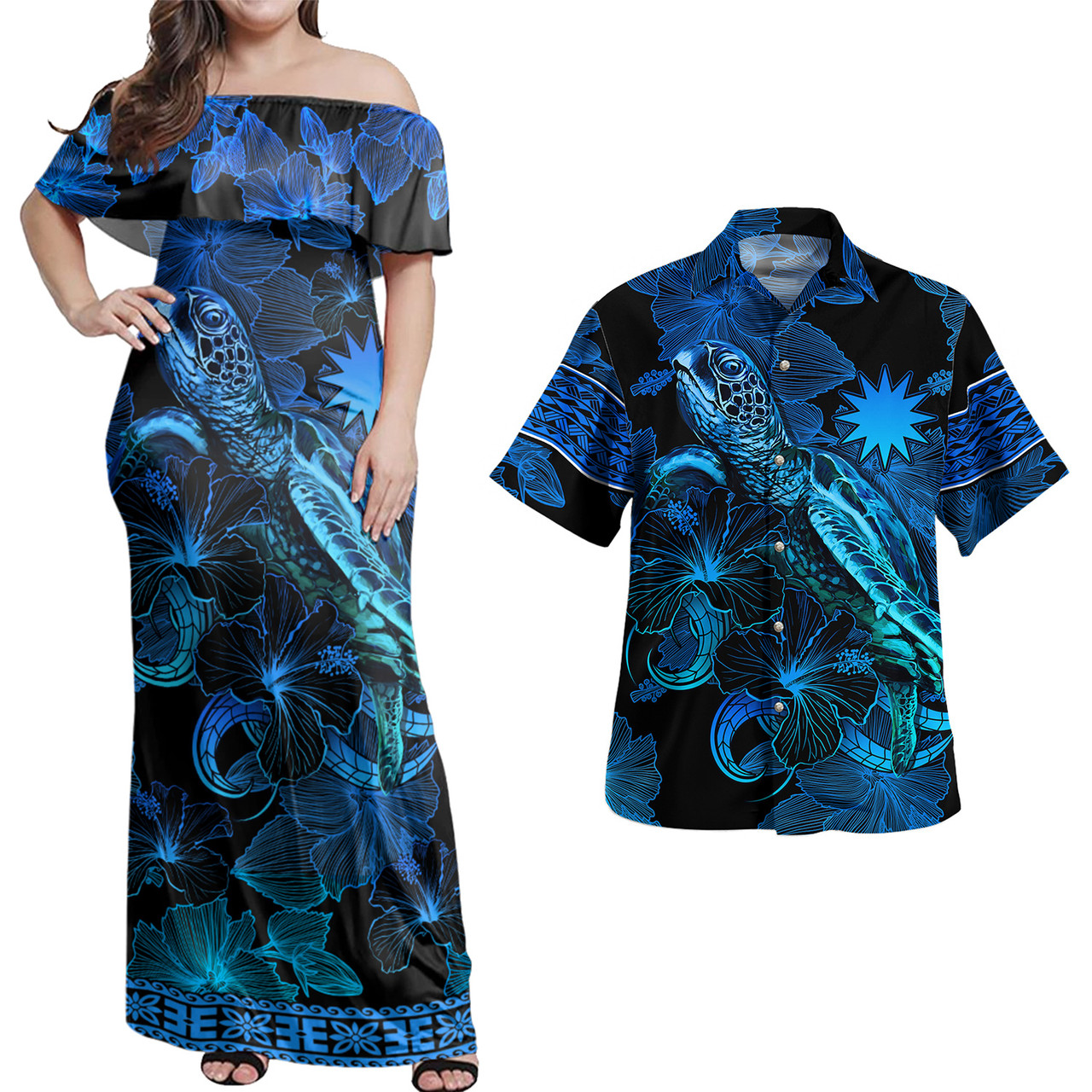 Nauru Combo Off Shoulder Long Dress And Shirt Sea Turtle With Blooming Hibiscus Flowers Tribal Blue