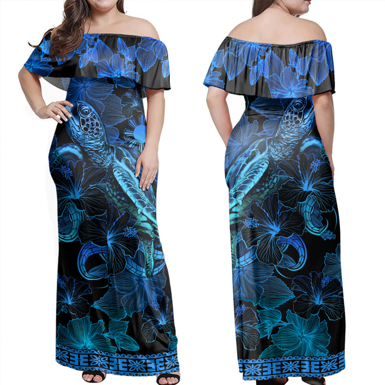 Philippines Filipinos Combo Off Shoulder Long Dress And Shirt Sea Turtle With Blooming Hibiscus Flowers Tribal Blue