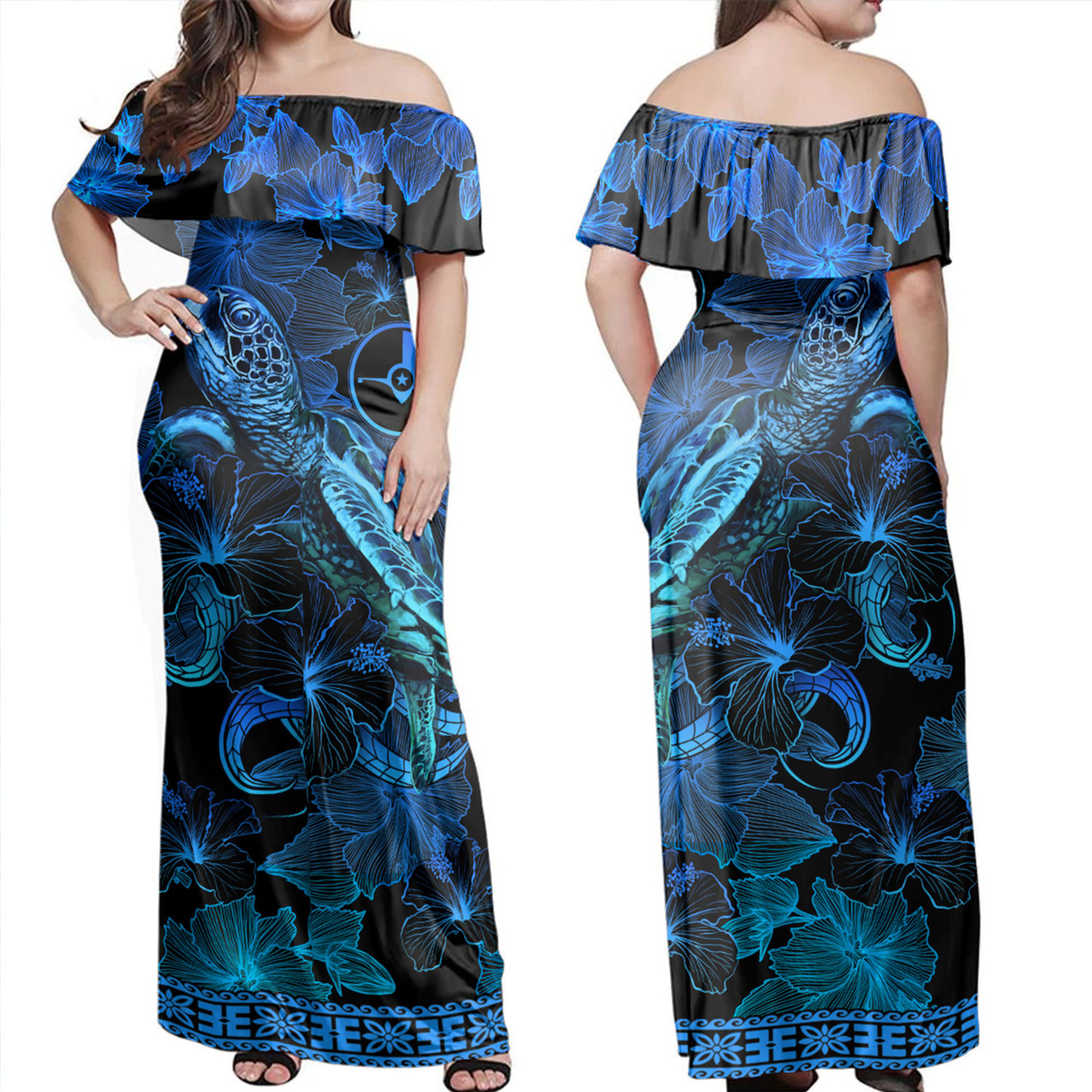 Yap State Combo Off Shoulder Long Dress And Shirt Sea Turtle With Blooming Hibiscus Flowers Tribal Blue