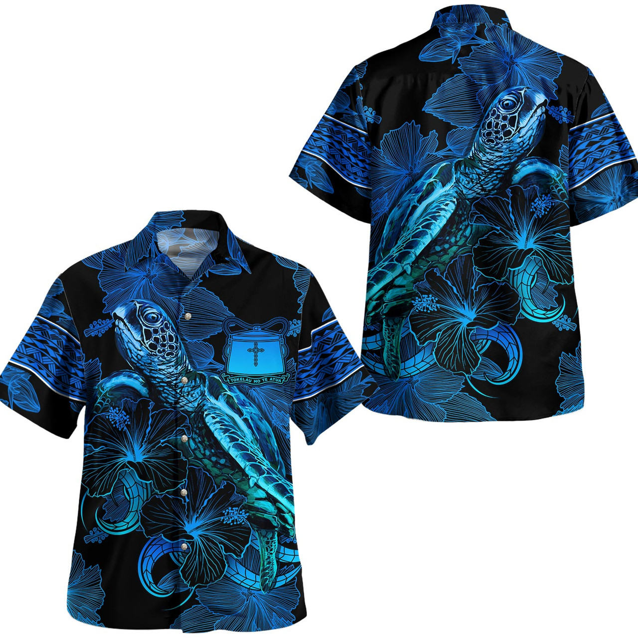 Tokelau Combo Puletasi And Shirt Sea Turtle With Blooming Hibiscus Flowers Tribal Blue