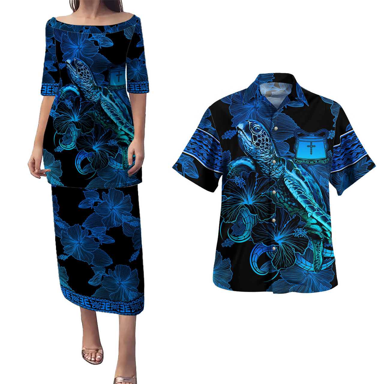 Tokelau Combo Puletasi And Shirt Sea Turtle With Blooming Hibiscus Flowers Tribal Blue