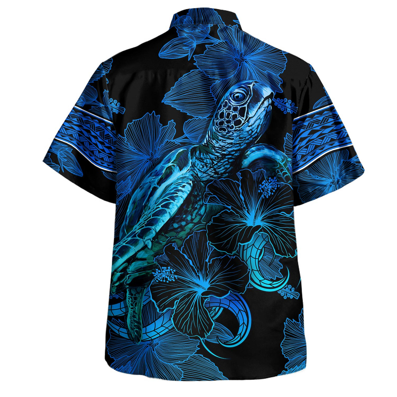 New Zealand Combo Puletasi And Shirt Sea Turtle With Blooming Hibiscus Flowers Tribal Blue
