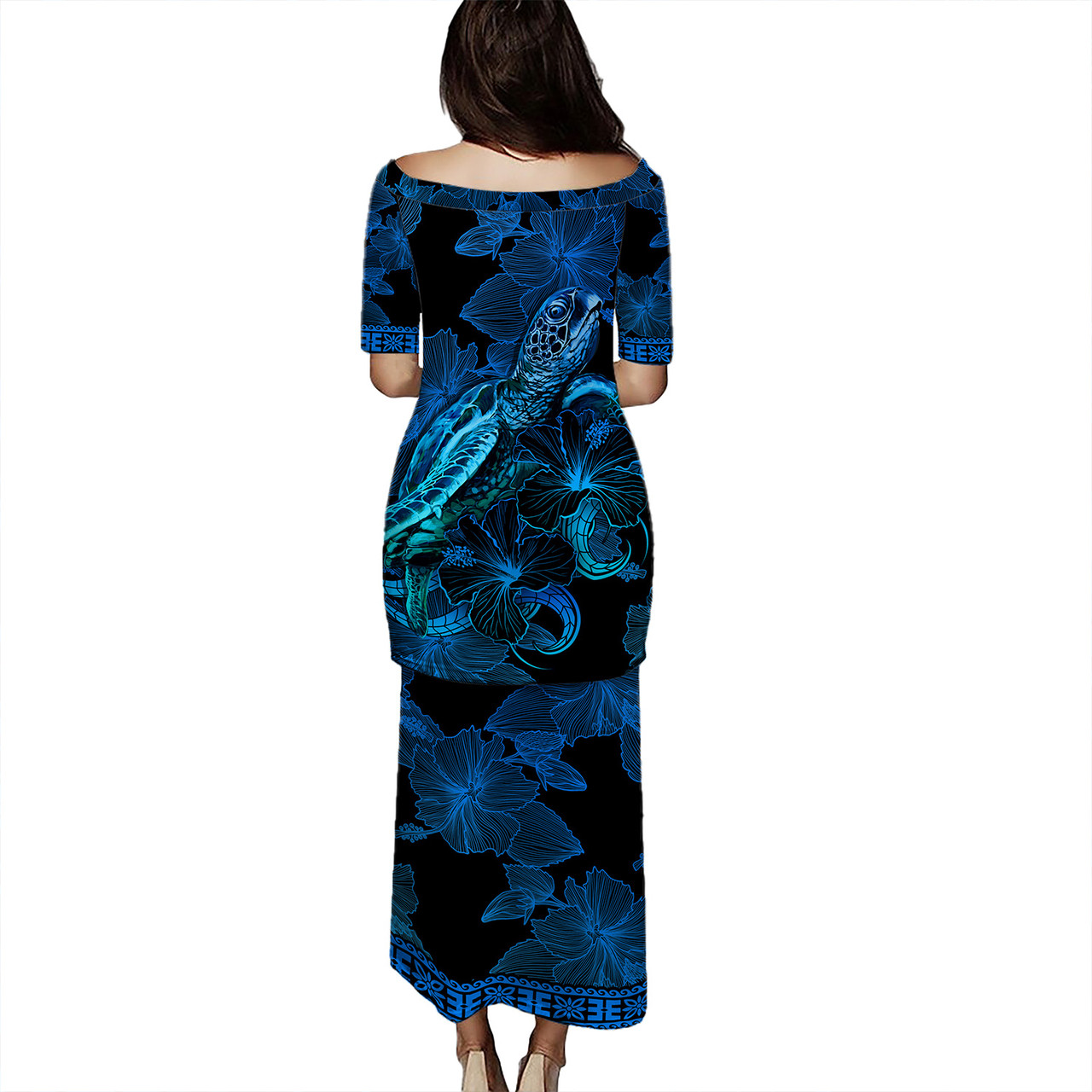 Hawaii Combo Puletasi And Shirt Sea Turtle With Blooming Hibiscus Flowers Tribal Blue