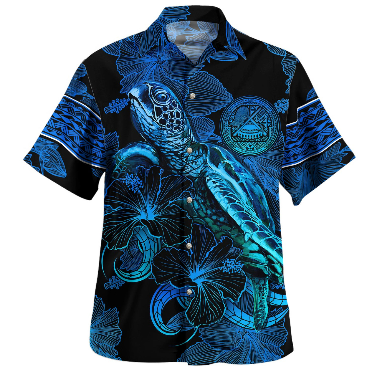 American Samoa Combo Puletasi And Shirt Sea Turtle With Blooming Hibiscus Flowers Tribal Blue