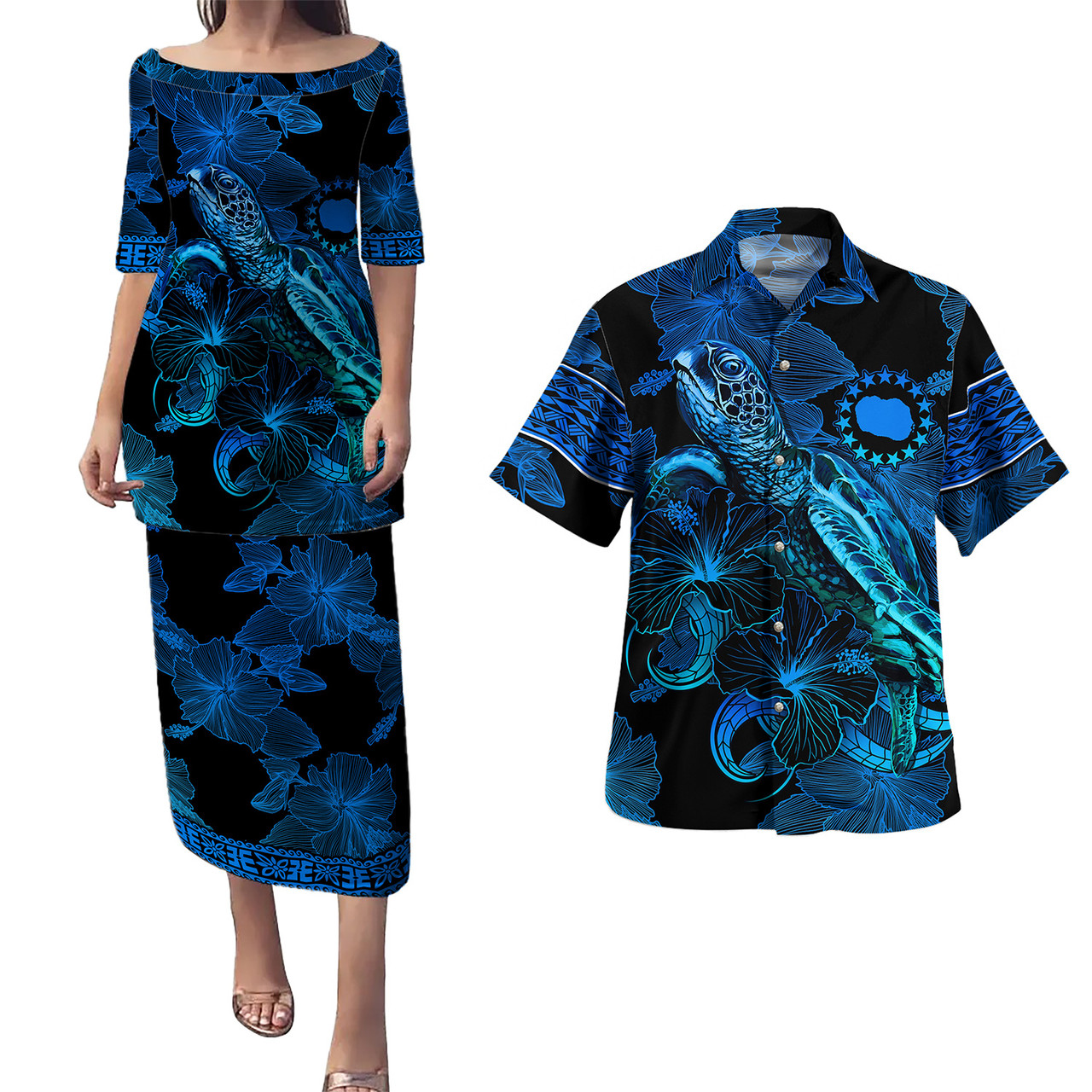 Cook Islands Combo Puletasi And Shirt Sea Turtle With Blooming Hibiscus Flowers Tribal Blue