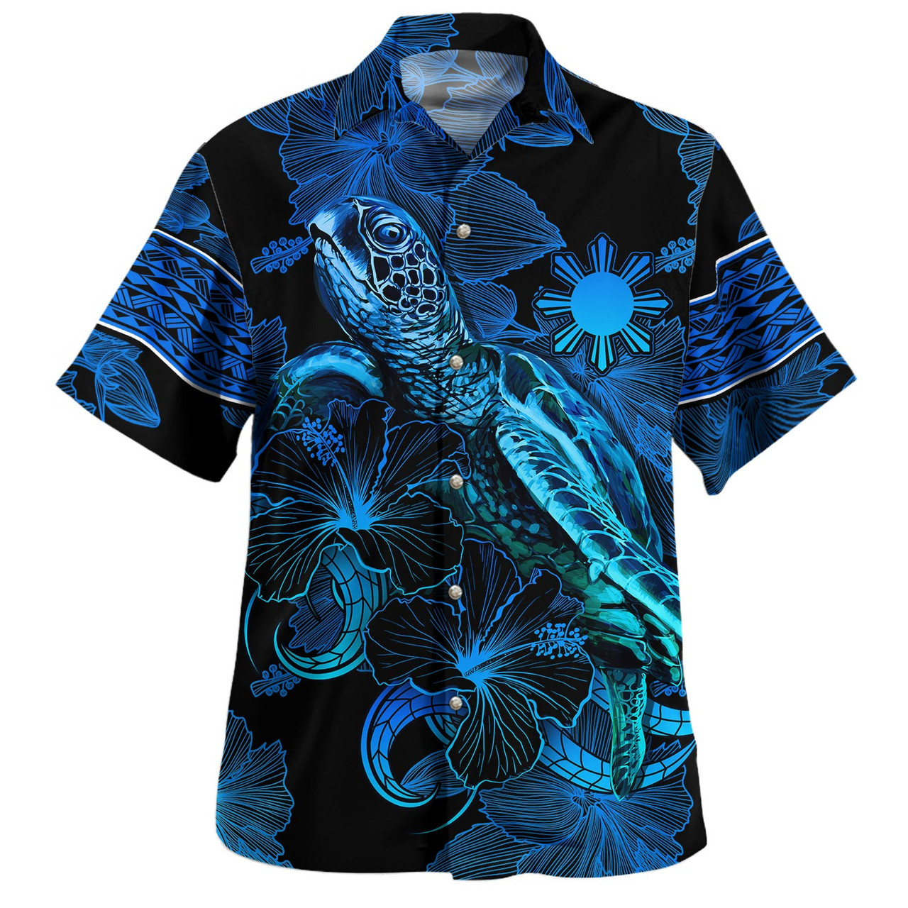 Philippines Filipinos Combo Puletasi And Shirt Sea Turtle With Blooming Hibiscus Flowers Tribal Blue