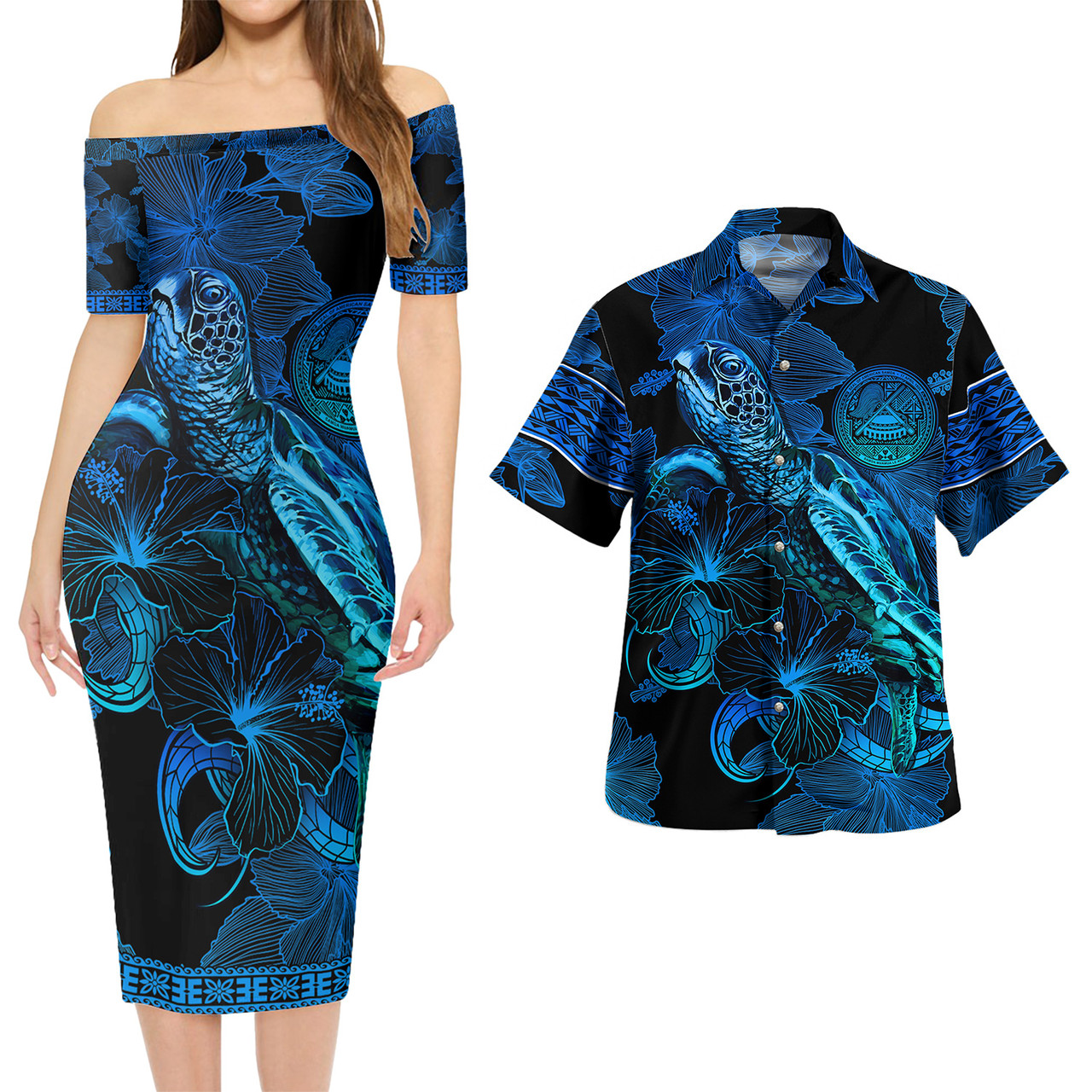 American Samoa Combo Short Sleeve Dress And Shirt Sea Turtle With Blooming Hibiscus Flowers Tribal Blue