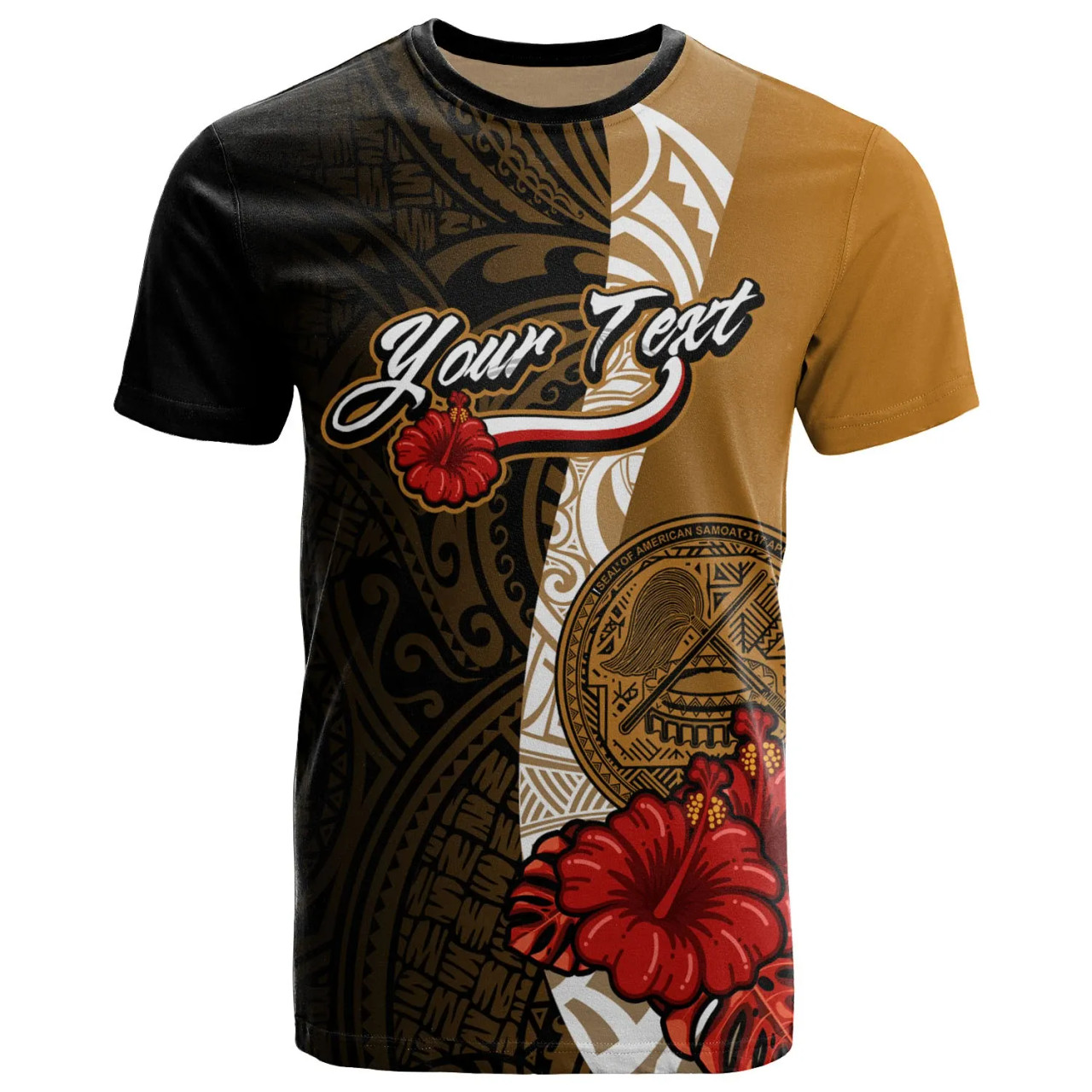American Samoa Polynesian Custom Personalised T-Shirt - Coat Of Arms With Hibiscus Gold 1