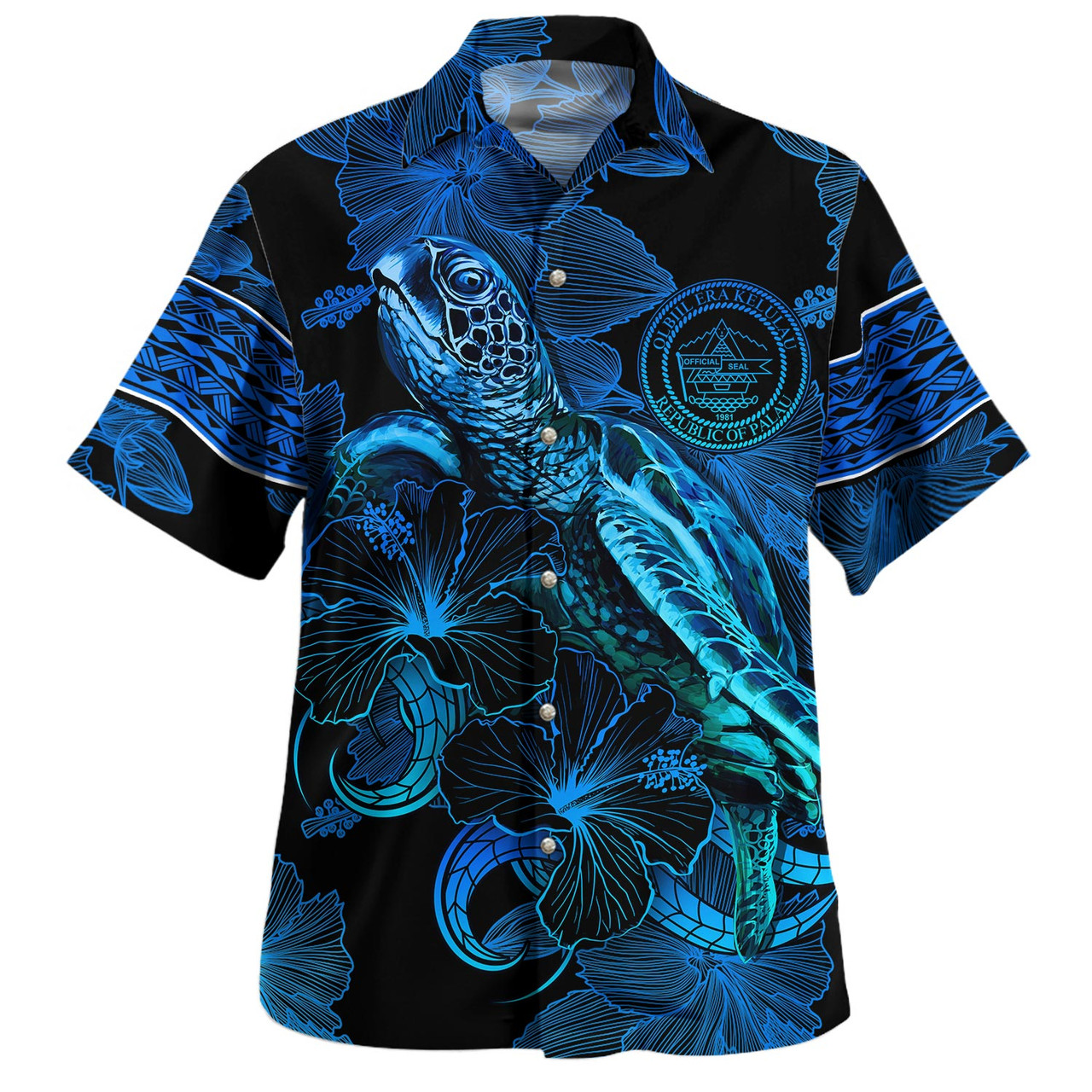 Palau Combo Short Sleeve Dress And Shirt Sea Turtle With Blooming Hibiscus Flowers Tribal Blue