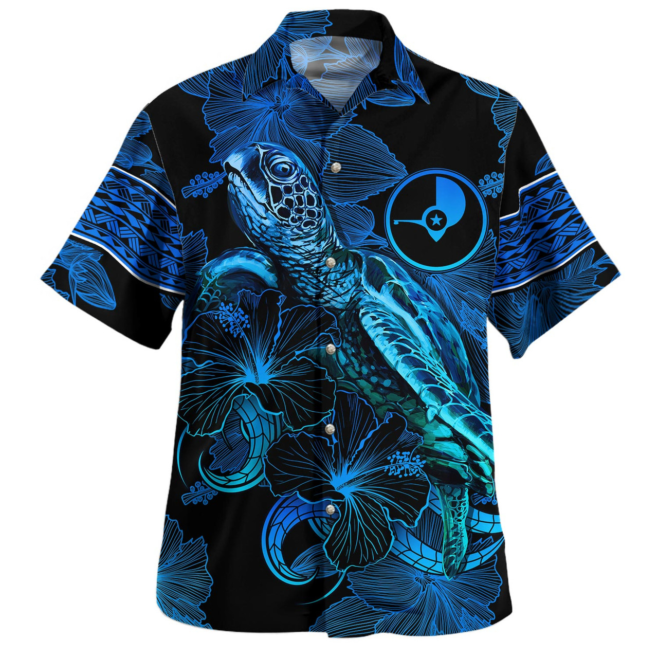 Yap State Combo Short Sleeve Dress And Shirt Sea Turtle With Blooming Hibiscus Flowers Tribal Blue