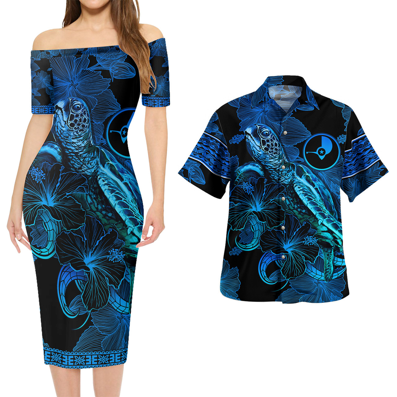 Yap State Combo Short Sleeve Dress And Shirt Sea Turtle With Blooming Hibiscus Flowers Tribal Blue