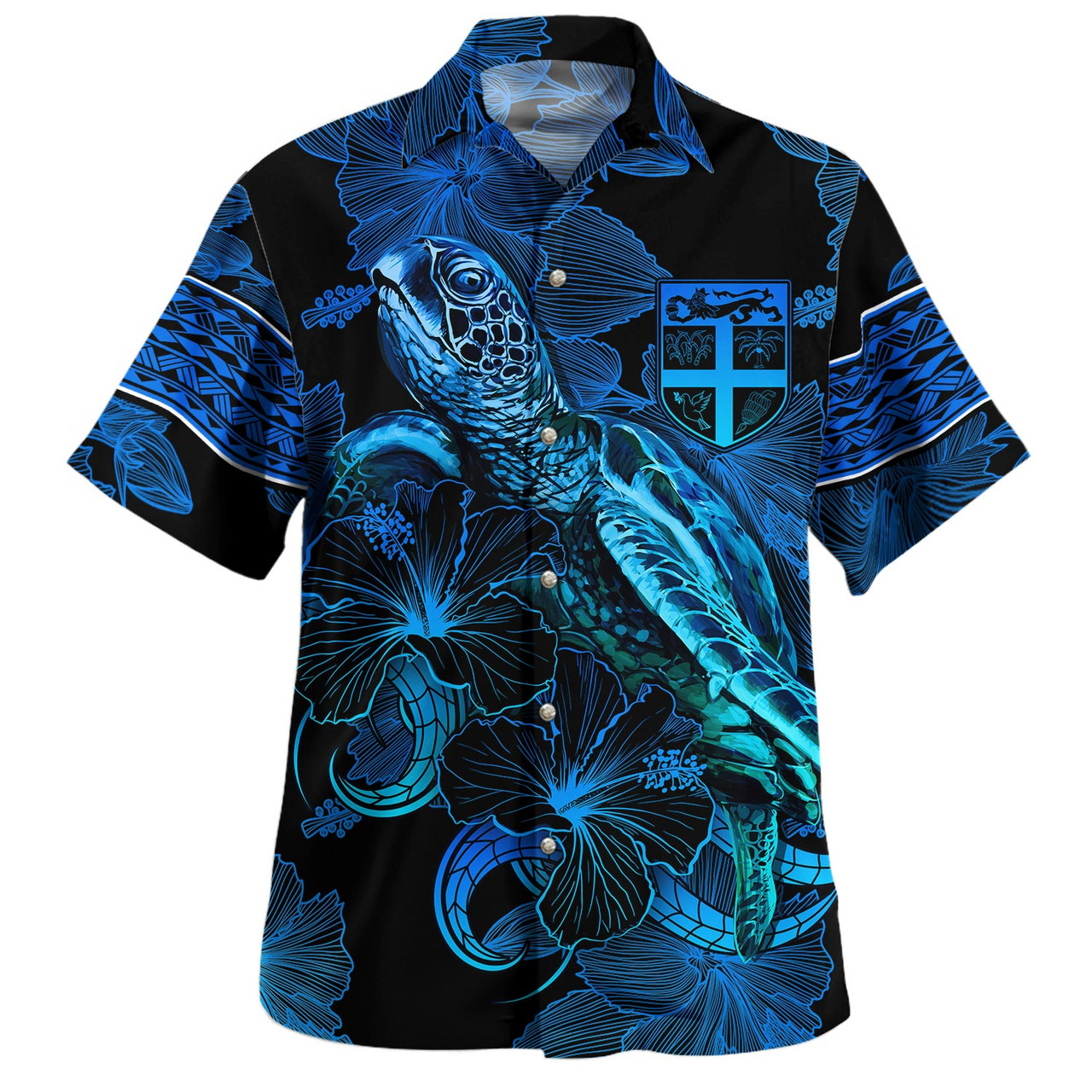 Fiji Combo Short Sleeve Dress And Shirt Sea Turtle With Blooming Hibiscus Flowers Tribal Blue