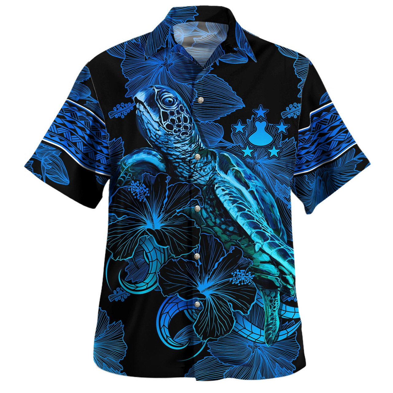 Austral Islands Combo Short Sleeve Dress And Shirt Sea Turtle With Blooming Hibiscus Flowers Tribal Blue