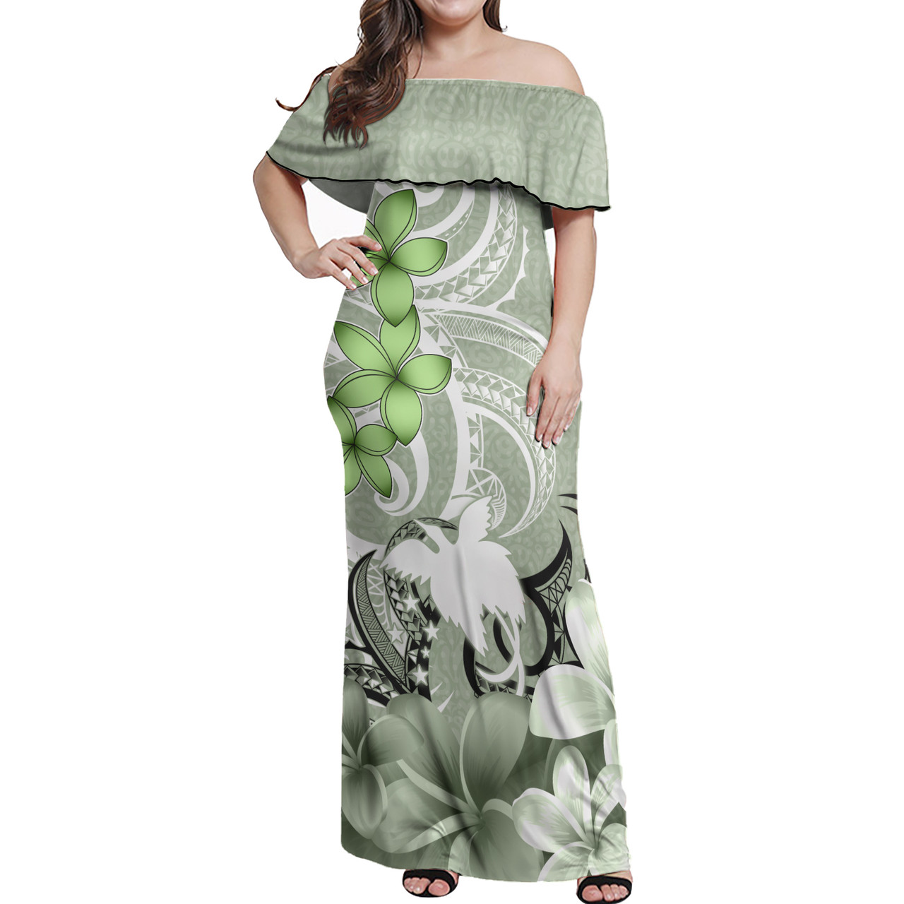 Papua New Guinea Polynesian Pattern Combo Dress And Shirt Floral Spirit Sage Green