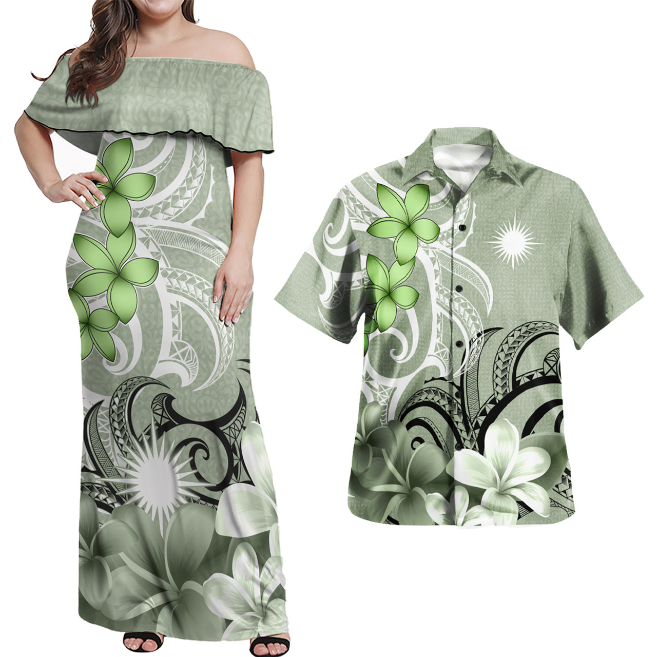 Marshall Islands Polynesian Pattern Combo Dress And Shirt Floral Spirit Sage Green