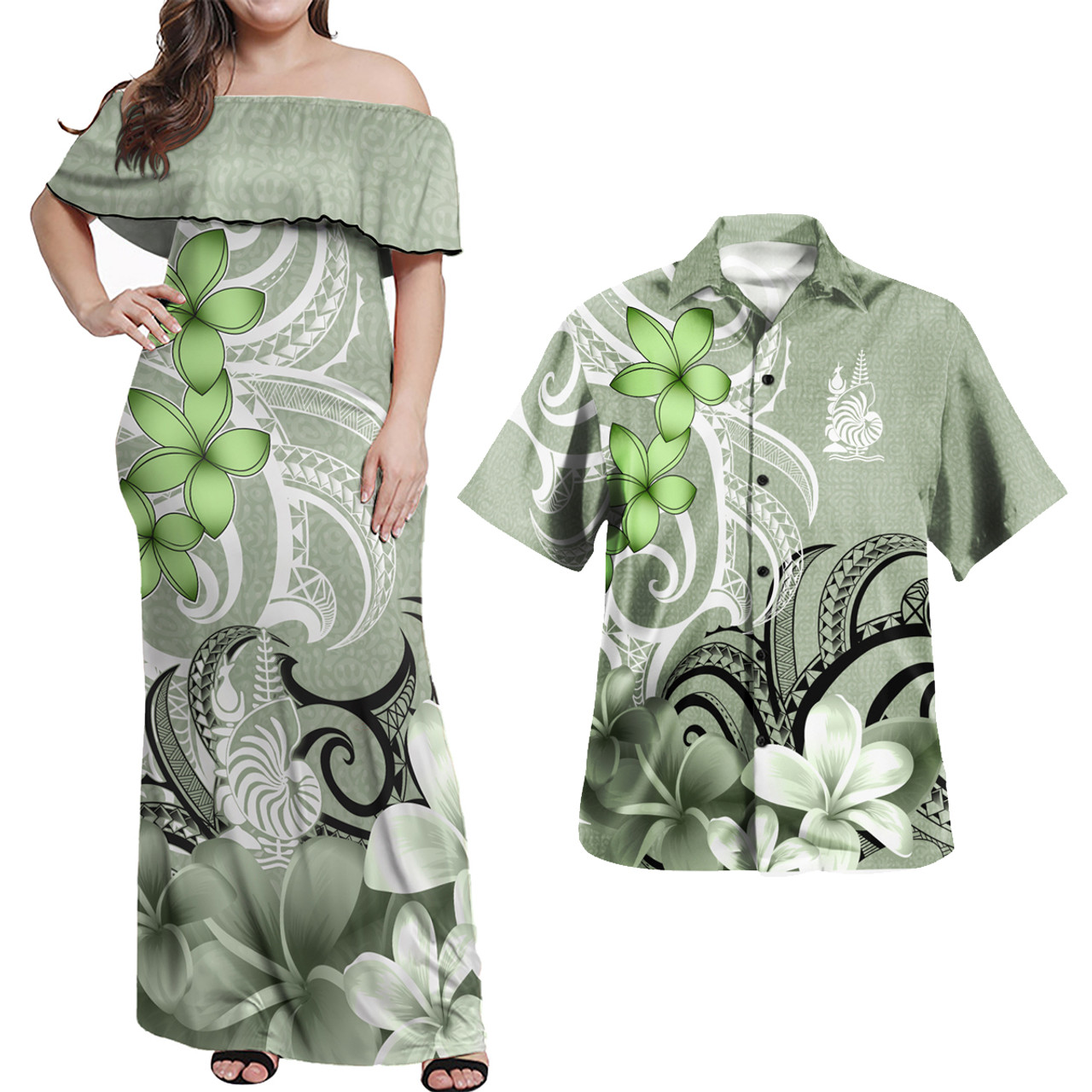 New Caledonia Polynesian Pattern Combo Dress And Shirt Floral Spirit Sage Green