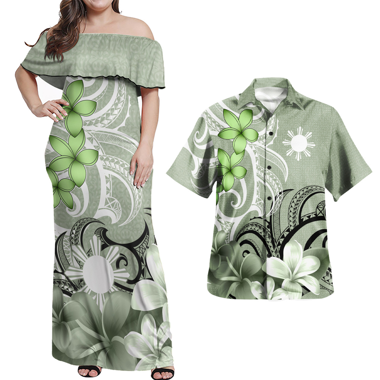 Philippines Polynesian Pattern Combo Dress And Shirt Floral Spirit Sage Green