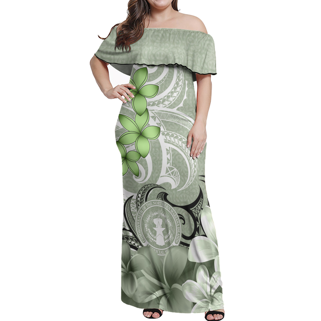 Northern Mariana Islands Polynesian Pattern Combo Dress And Shirt Floral Spirit Sage Green