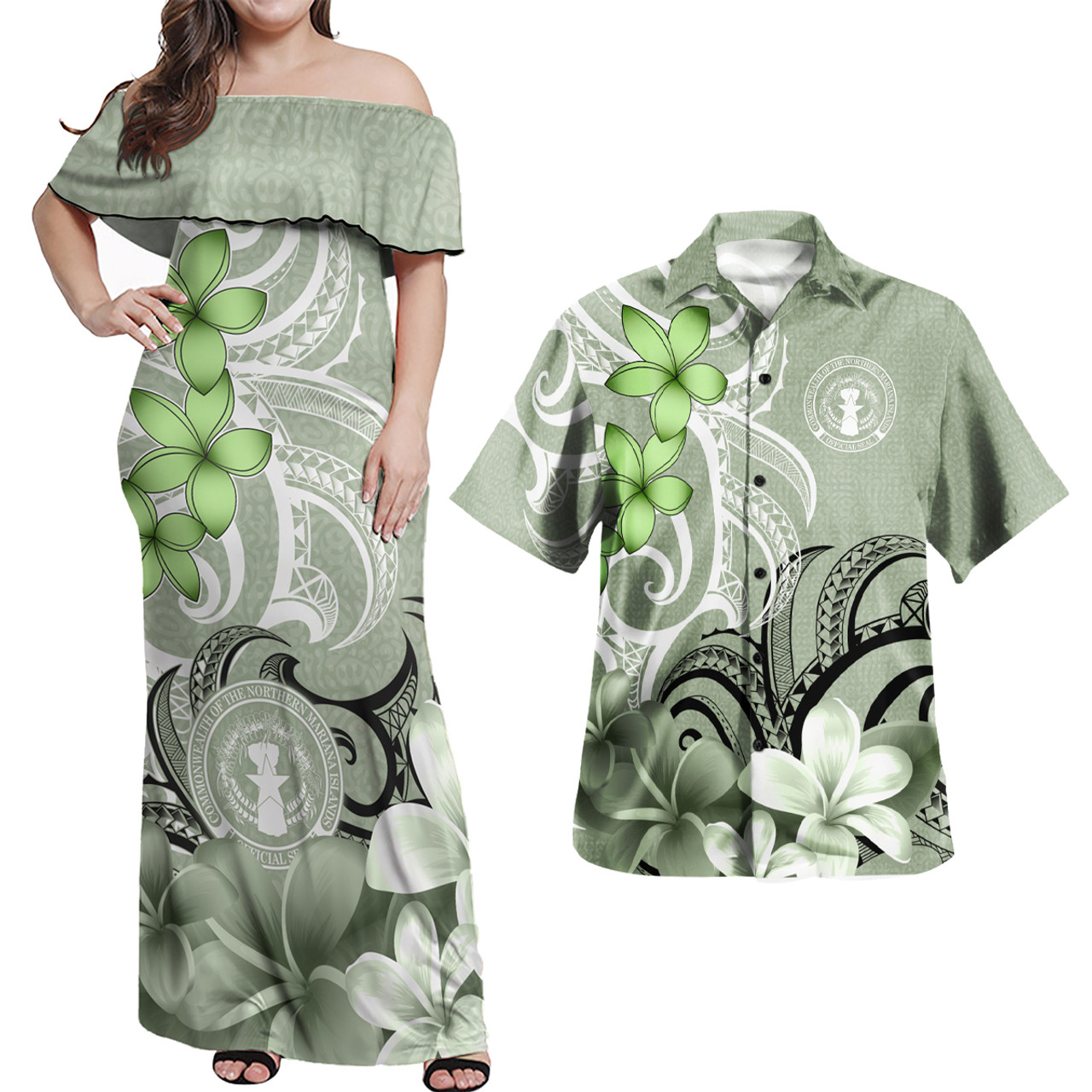 Northern Mariana Islands Polynesian Pattern Combo Dress And Shirt Floral Spirit Sage Green
