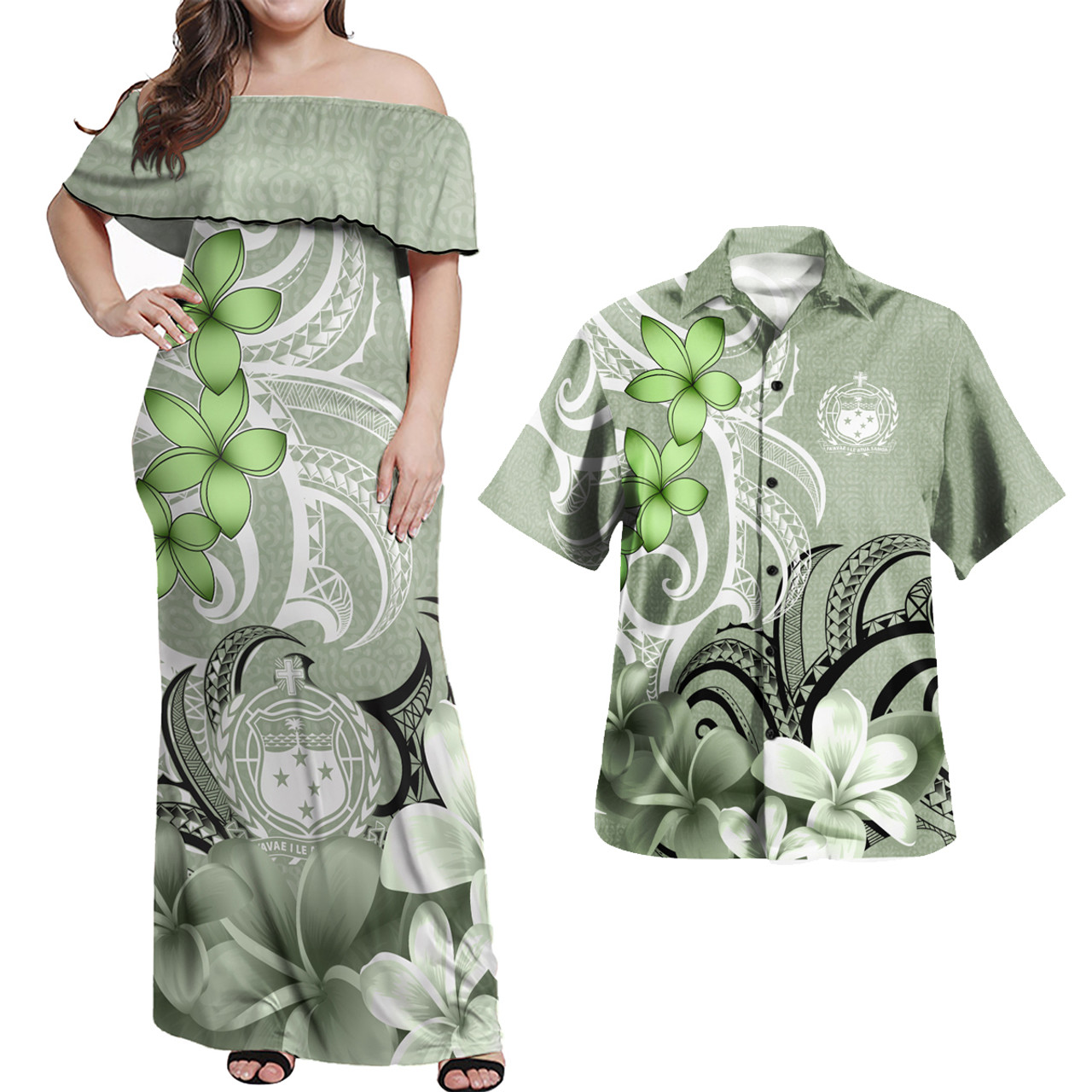 Samoa Polynesian Pattern Combo Dress And Shirt Floral Spirit Sage Green
