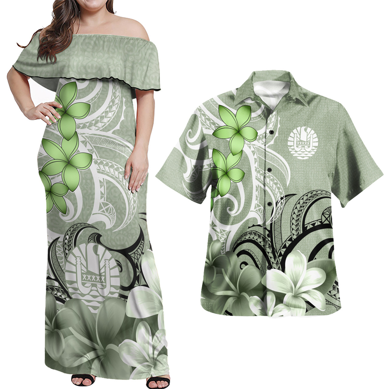Tahiti Polynesian Pattern Combo Dress And Shirt Floral Spirit Sage Green