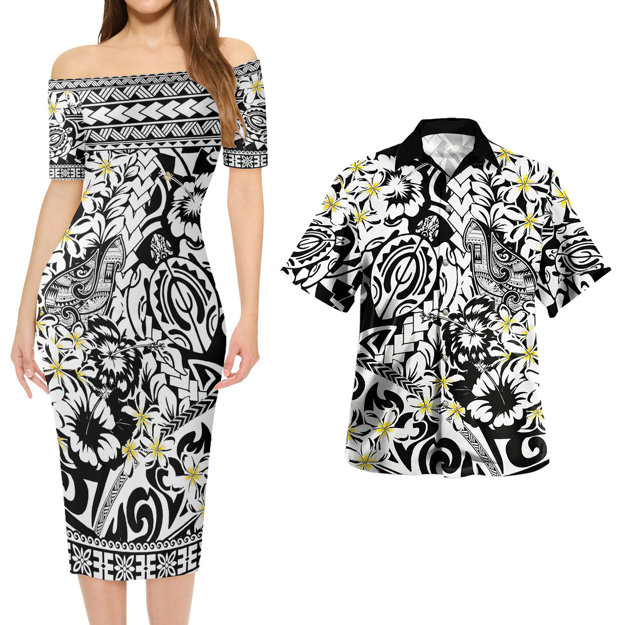 Polynesian Combo Short Sleeve Dress And Shirt Tropical Tribal Turtle With Fish Hook Pure Black
