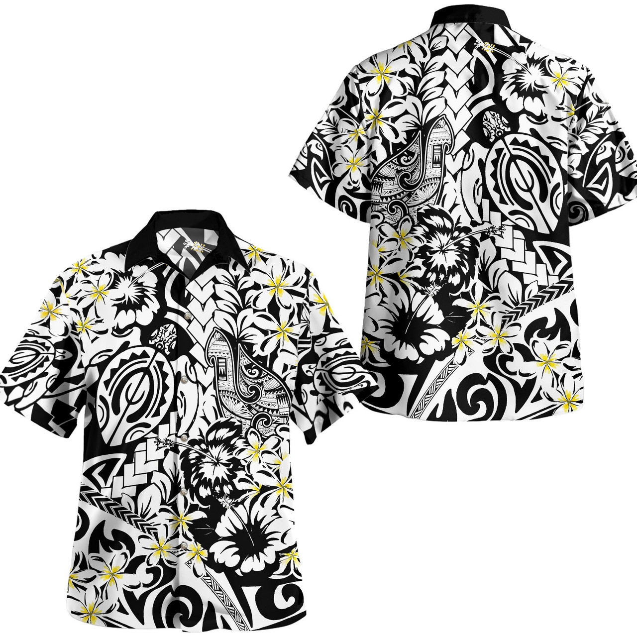 Polynesian Combo Short Sleeve Dress And Shirt Tropical Tribal Turtle With Fish Hook Pure Black