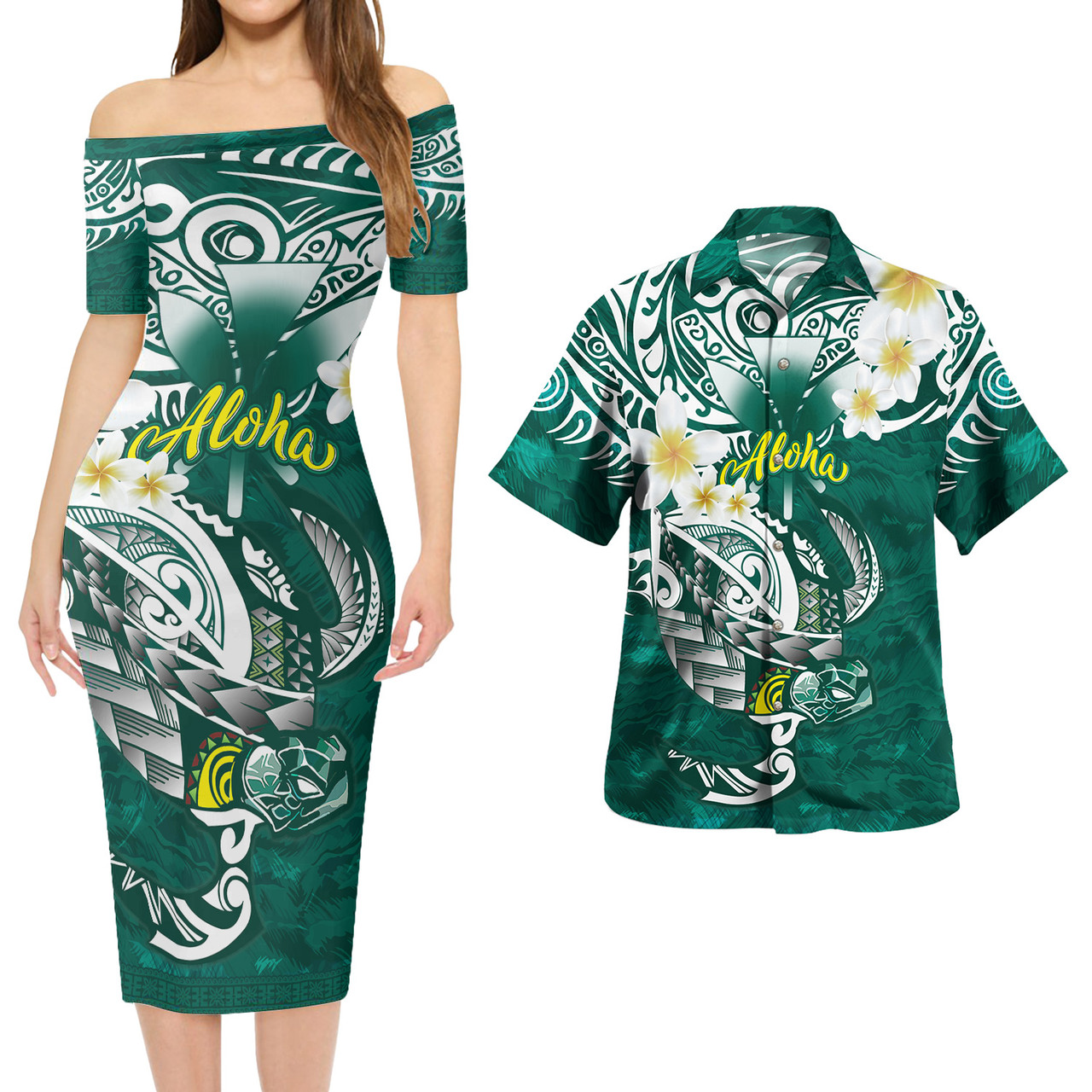 Hawaii Combo Short Sleeve Dress And Shirt Polynesian Honu With Plumeria Tropical Ocean Wave