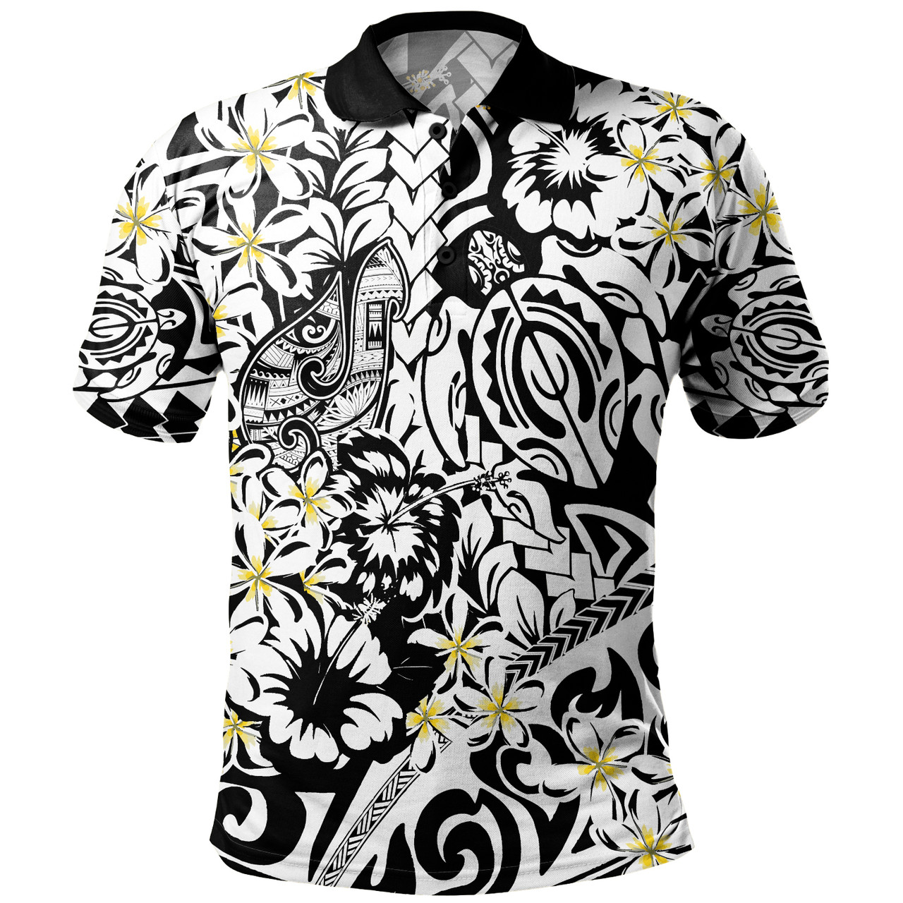 Polynesian Polo Shirt Tropical Tribal Turtle With Fish Hook Pure Black