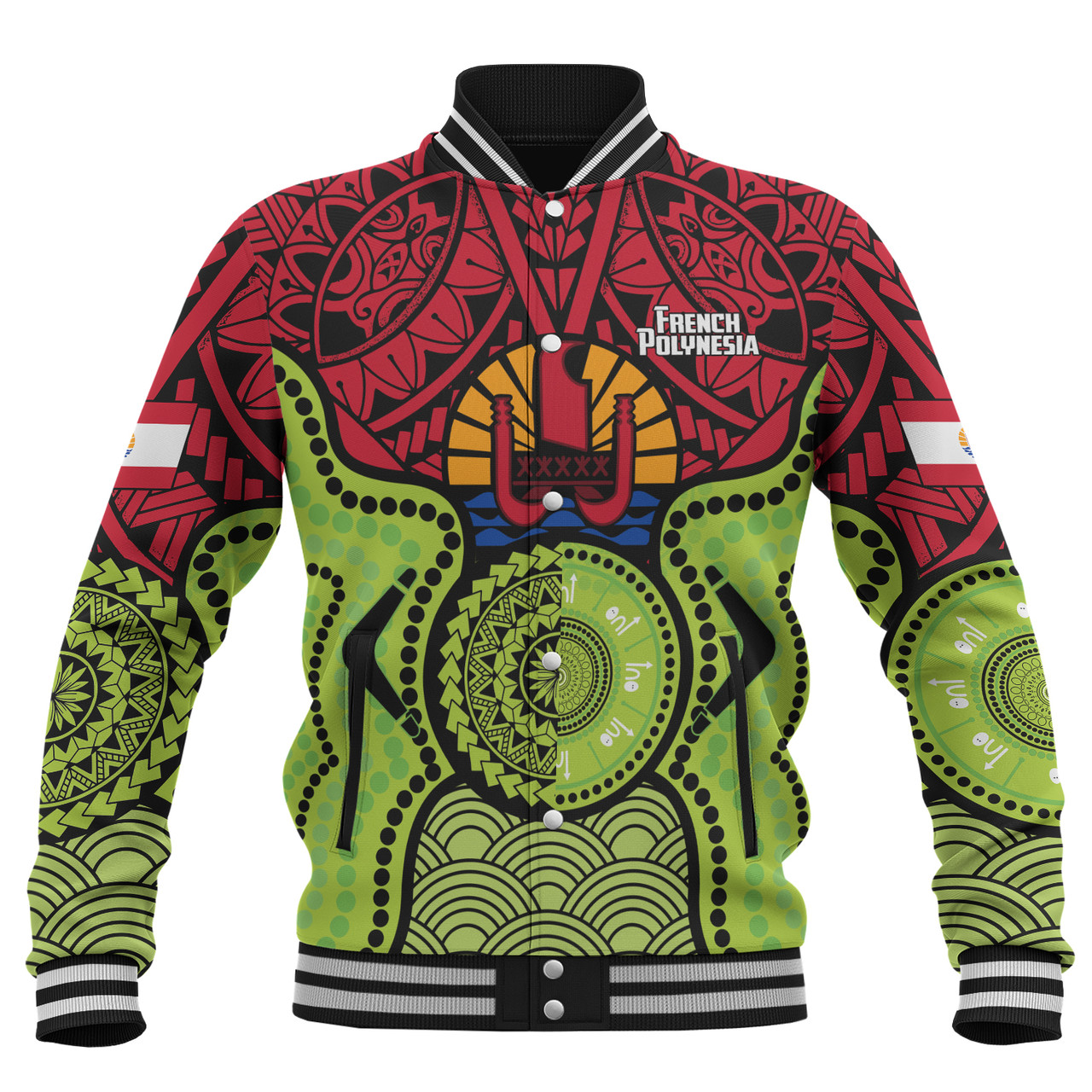 French Polynesia Baseball Jacket Native Polynesian Mix Aboriginal Patterns