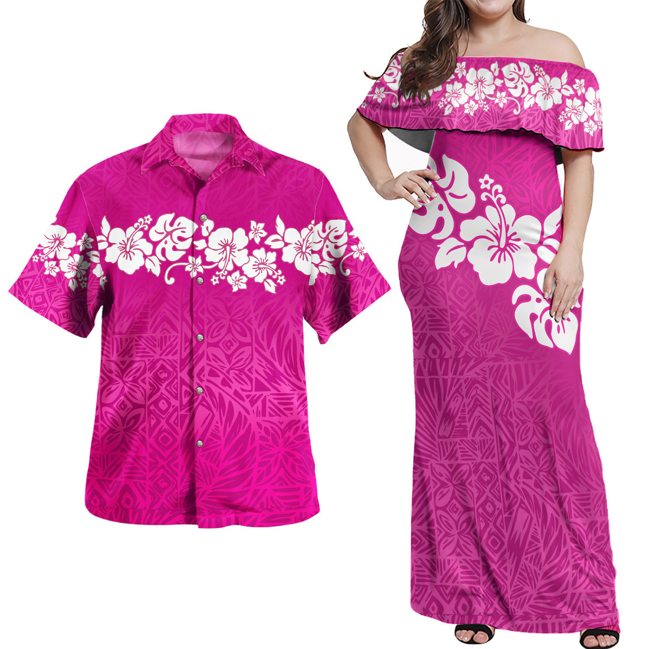 Polynesian Combo Off Shoulder Long Dress And Shirt Pink Color