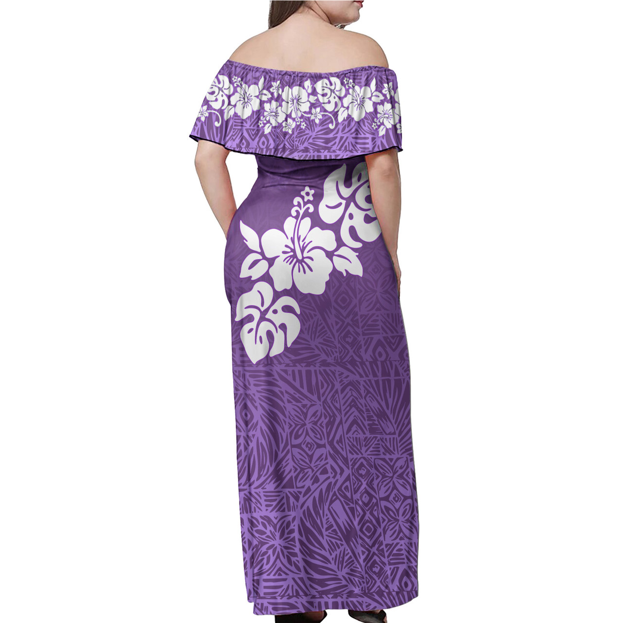 Polynesian Combo Off Shoulder Long Dress And Shirt Purple Color Style