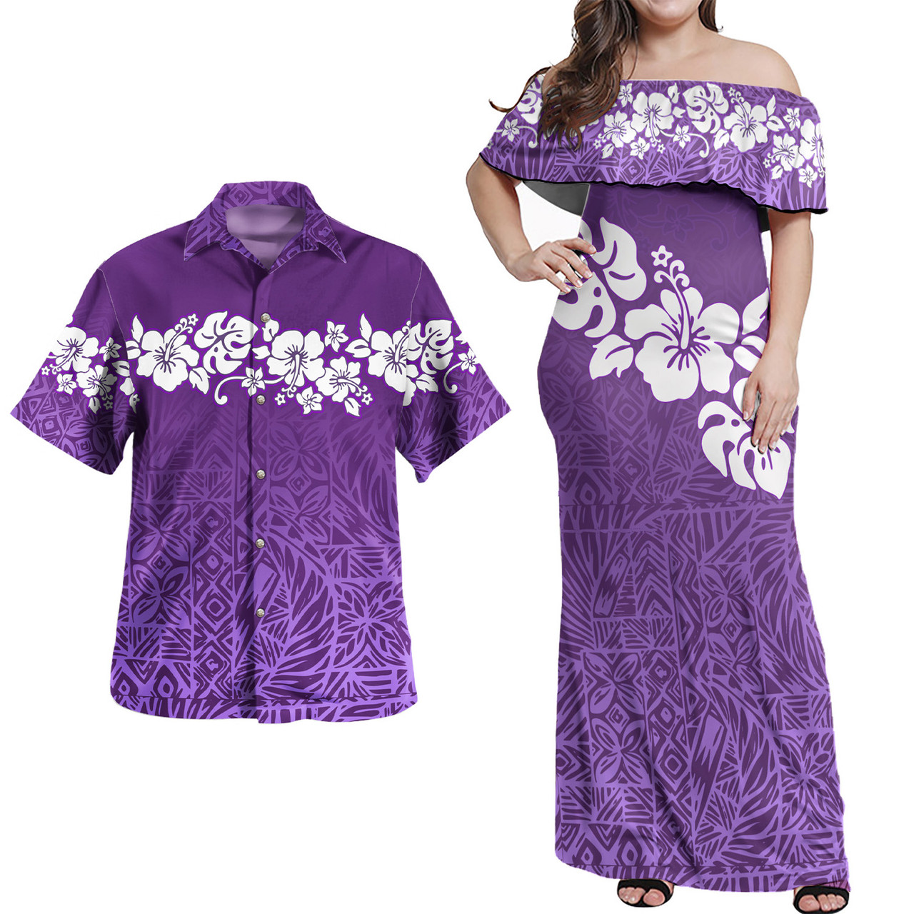 Polynesian Combo Off Shoulder Long Dress And Shirt Purple Color Style