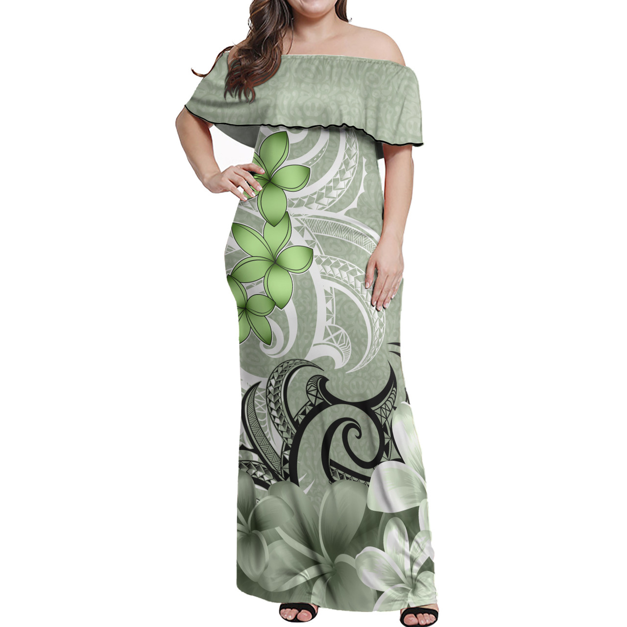 Polynesian Woman Off Shoulder Long Dress Polynesian Floral Spirit Sage Green