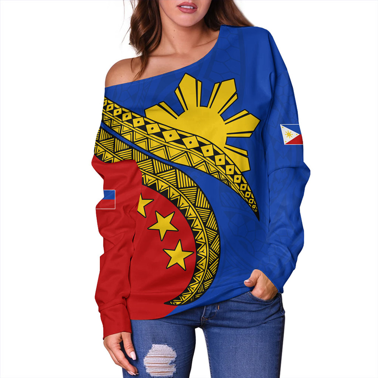 Philippines Filipinos Off Shoulder Sweatshirt Filipinos Sun Tattoo Artist Flag