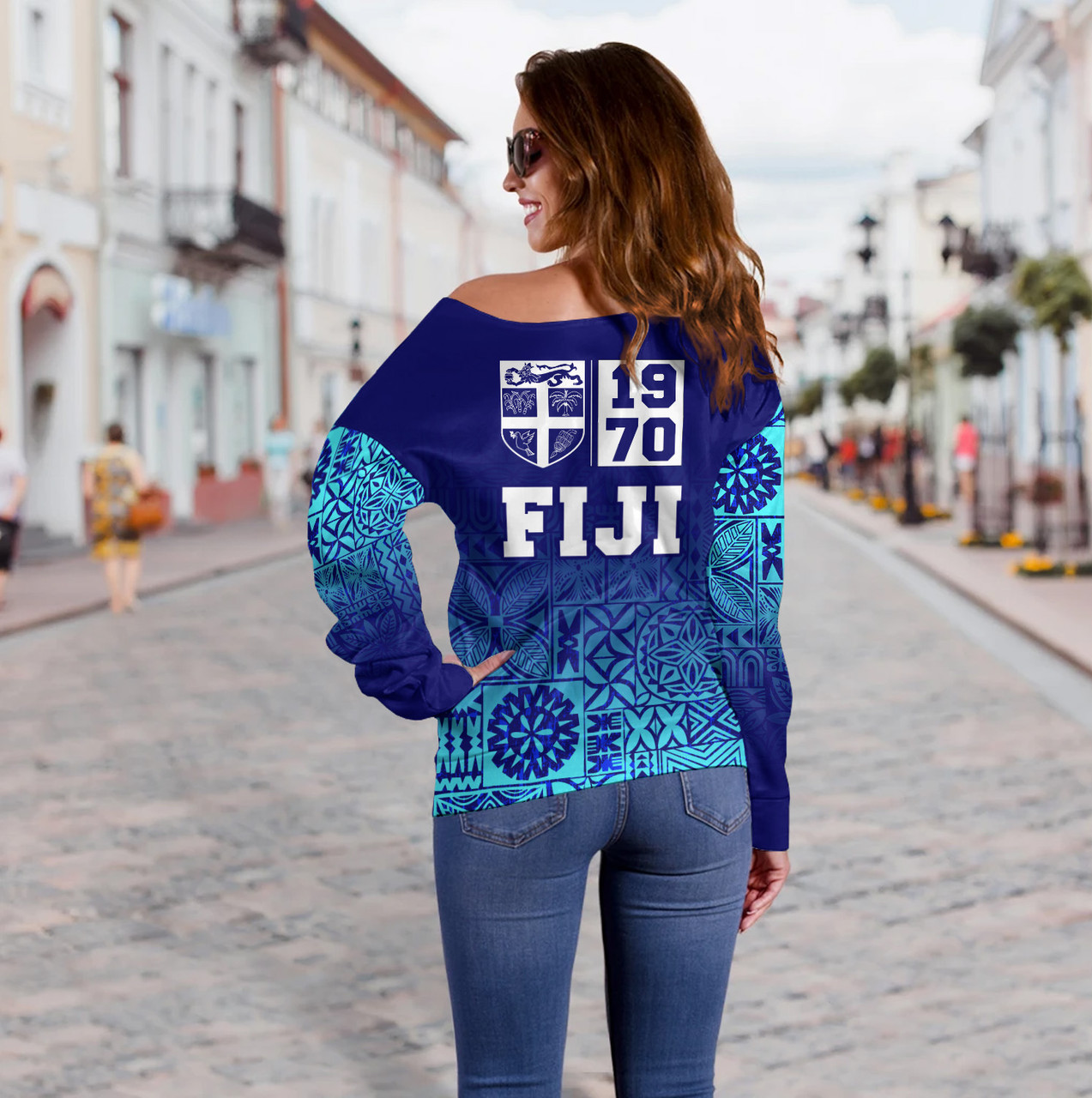 Fiji Off Shoulder Sweatshirt Fiji Independence 1970 Tapa Style