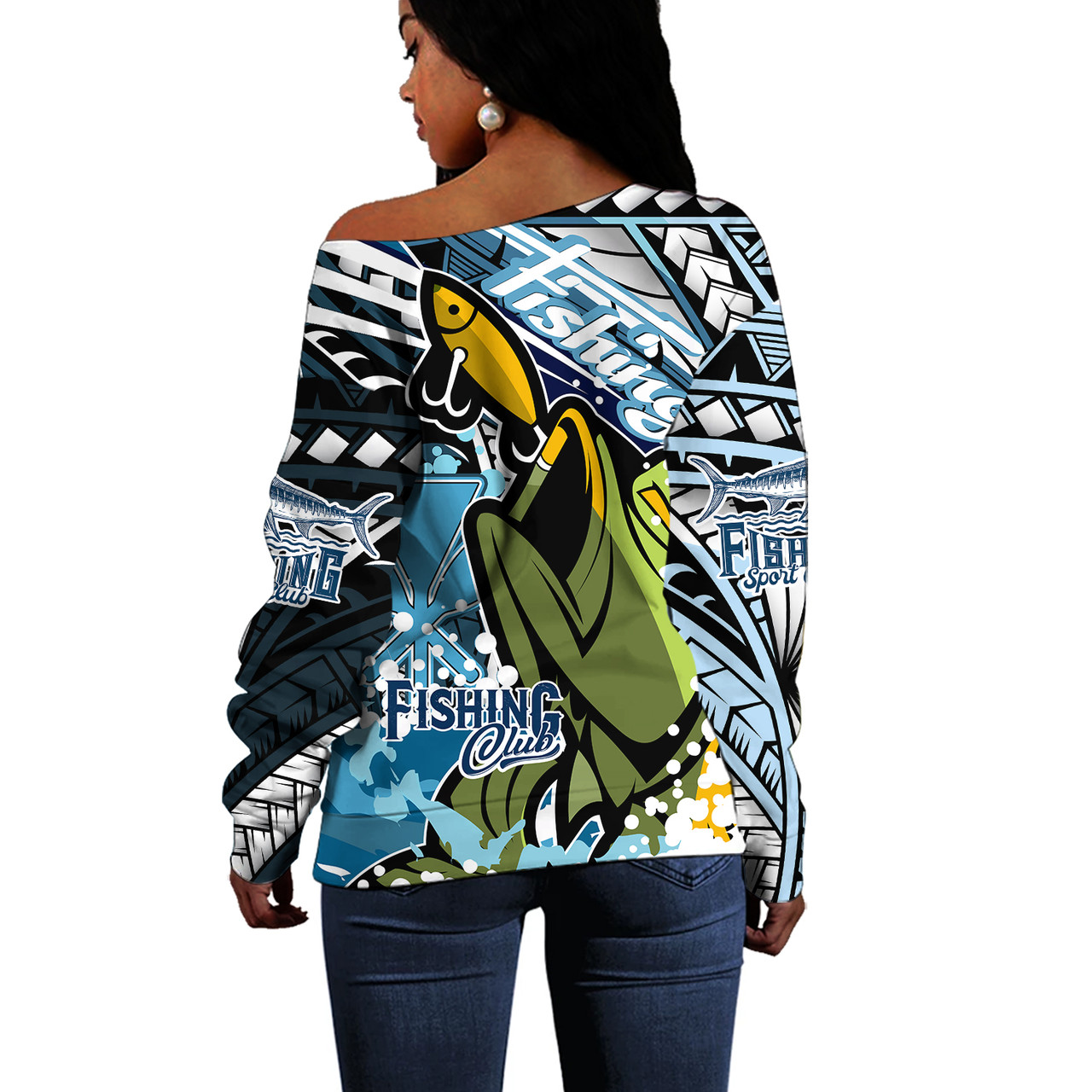 Hawaii Off Shoulder Sweatshirt Custom Polynesian Fishing Club Tribal Style