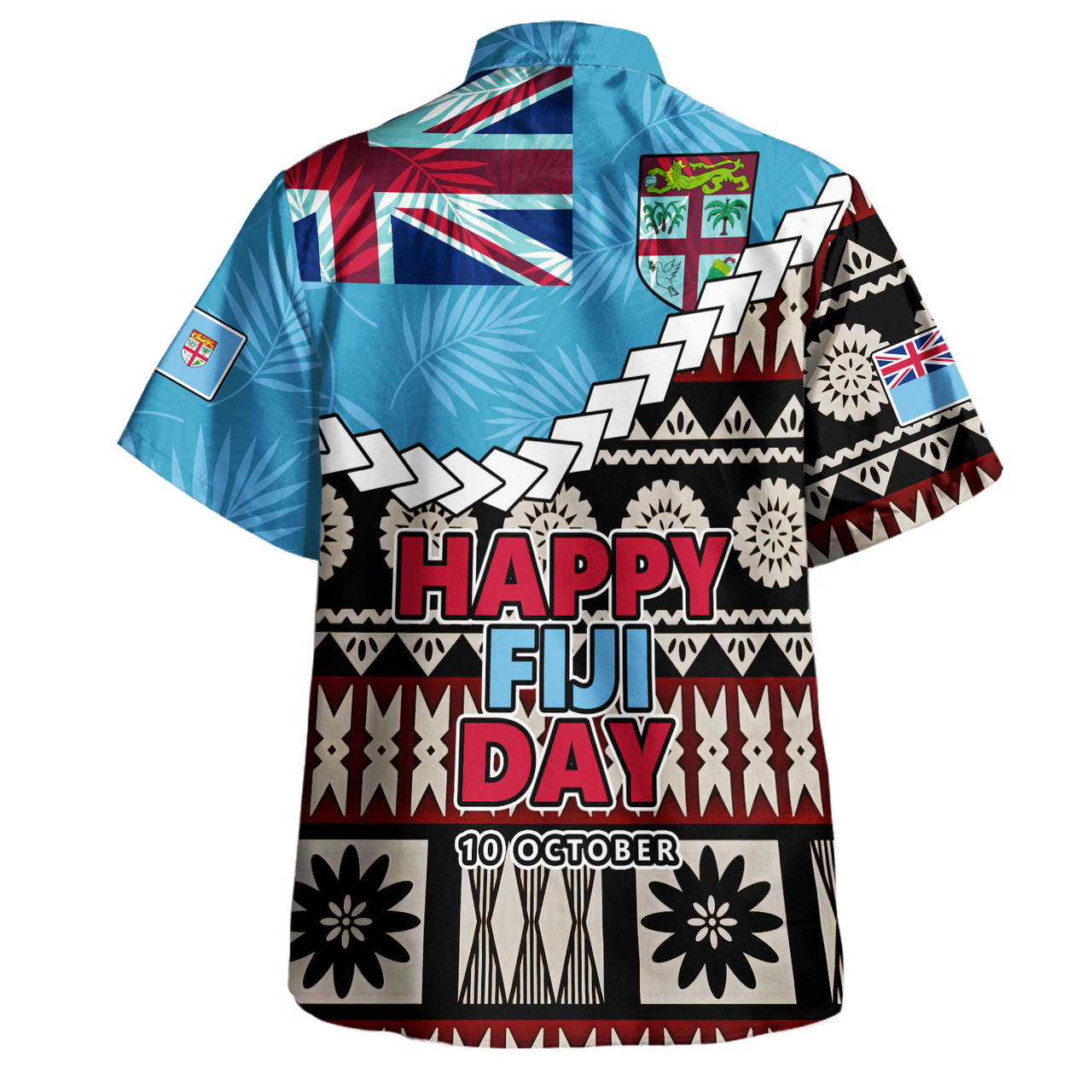 Fiji Hawaiian Shirt Happy Fiji Day Fijian Masi x Tropical Palm Leaf Tribal Curve Style