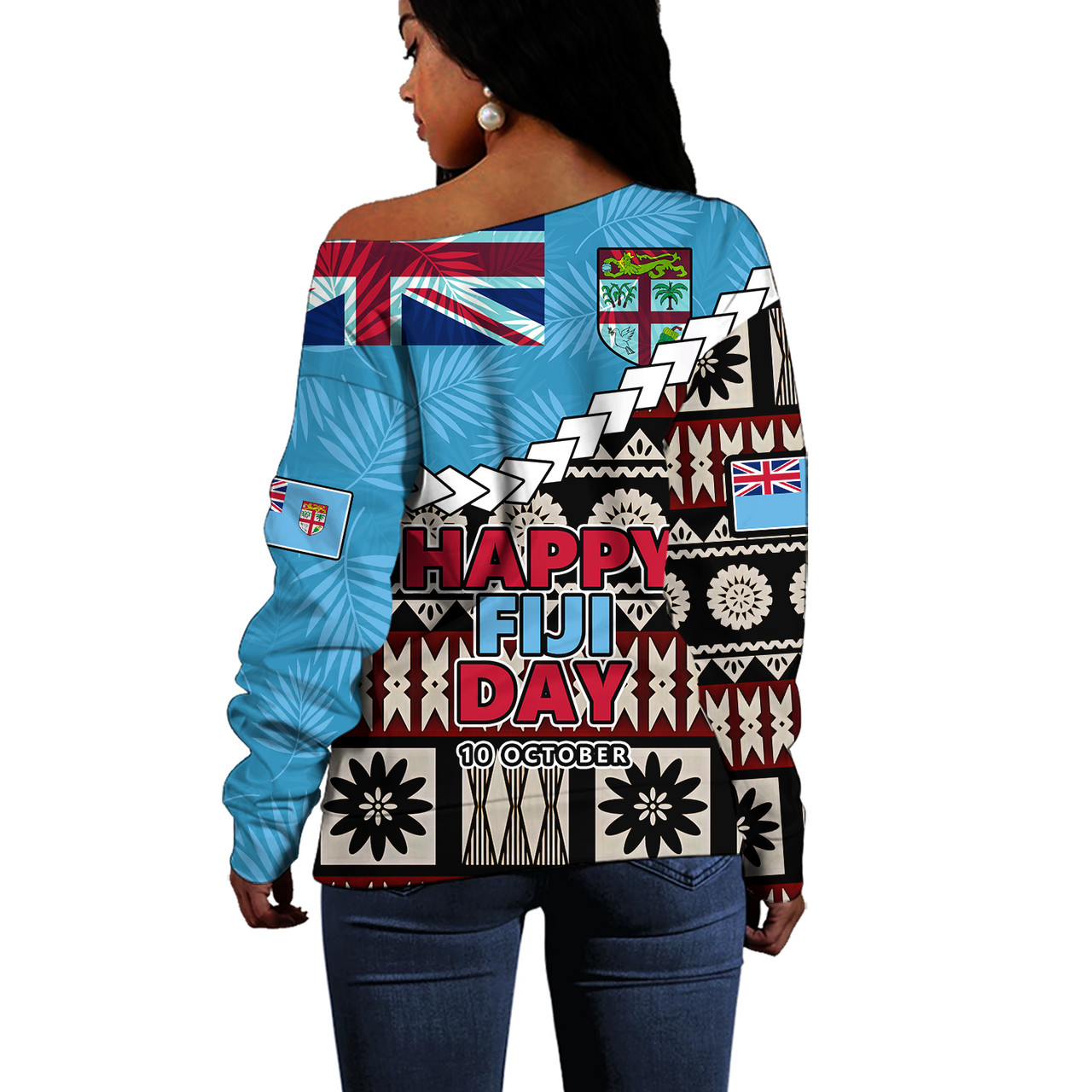 Fiji Off Shoulder Sweatshirt Happy Fiji Day Fijian Masi x Tropical Palm Leaf Tribal Curve Style