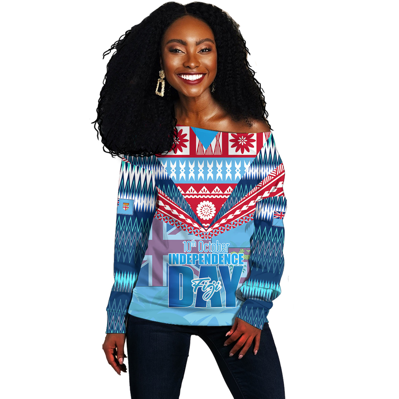 Fiji Off Shoulder Sweatshirt Happy Fiji independence Day Ethnic Masi Tribal Design