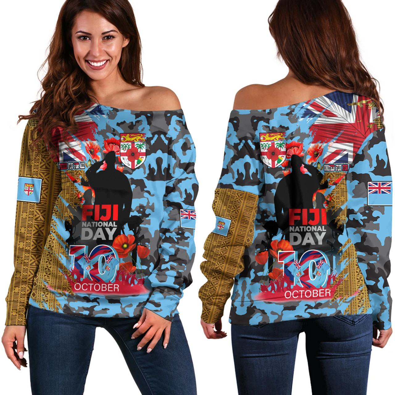 Fiji Off Shoulder Sweatshirt Fiji National Day Red Poppy Half Camouflage x Kesakesa Vakaviti Tapa