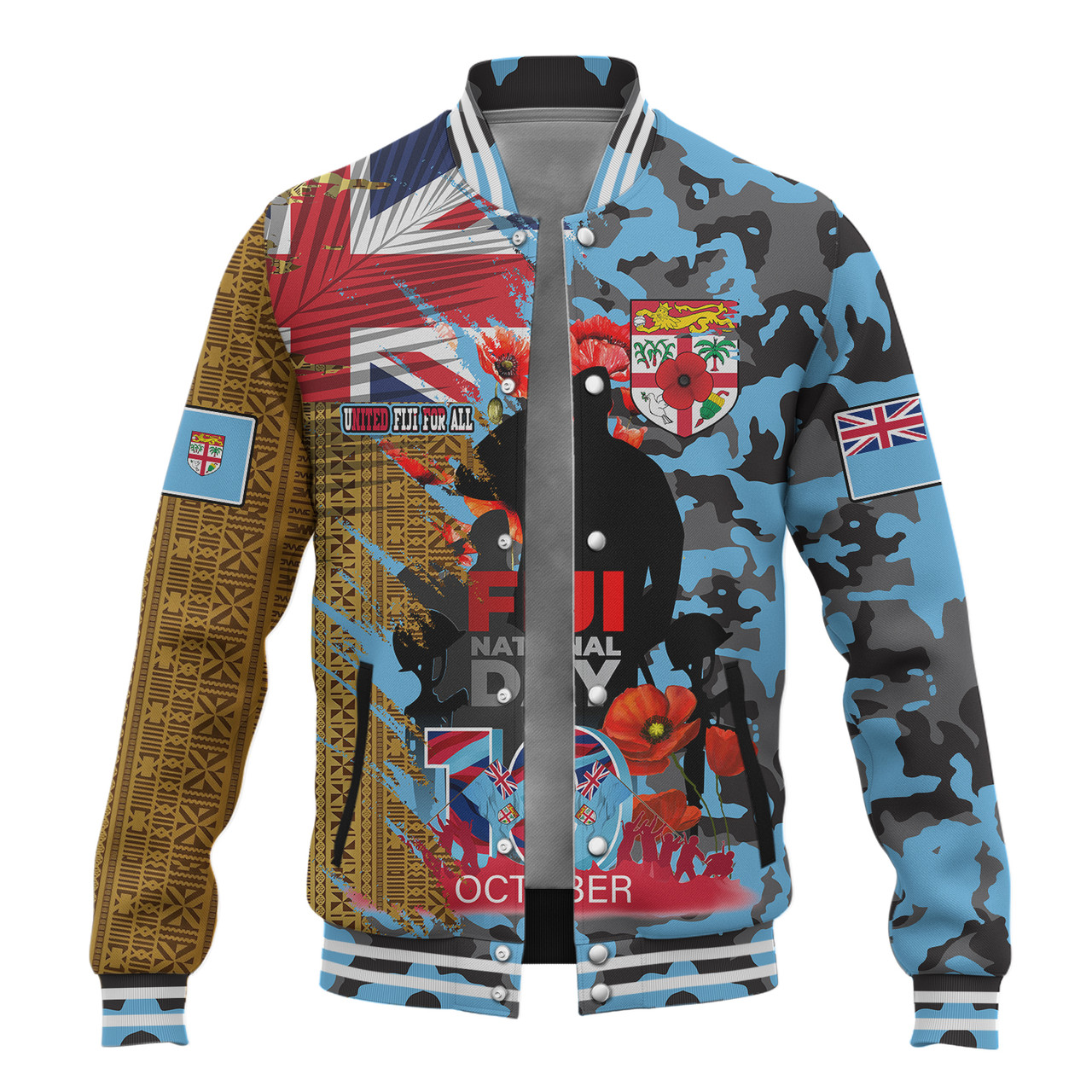 Fiji Baseball Jacket Fiji National Day Red Poppy Half Camouflage x Kesakesa Vakaviti Tapa