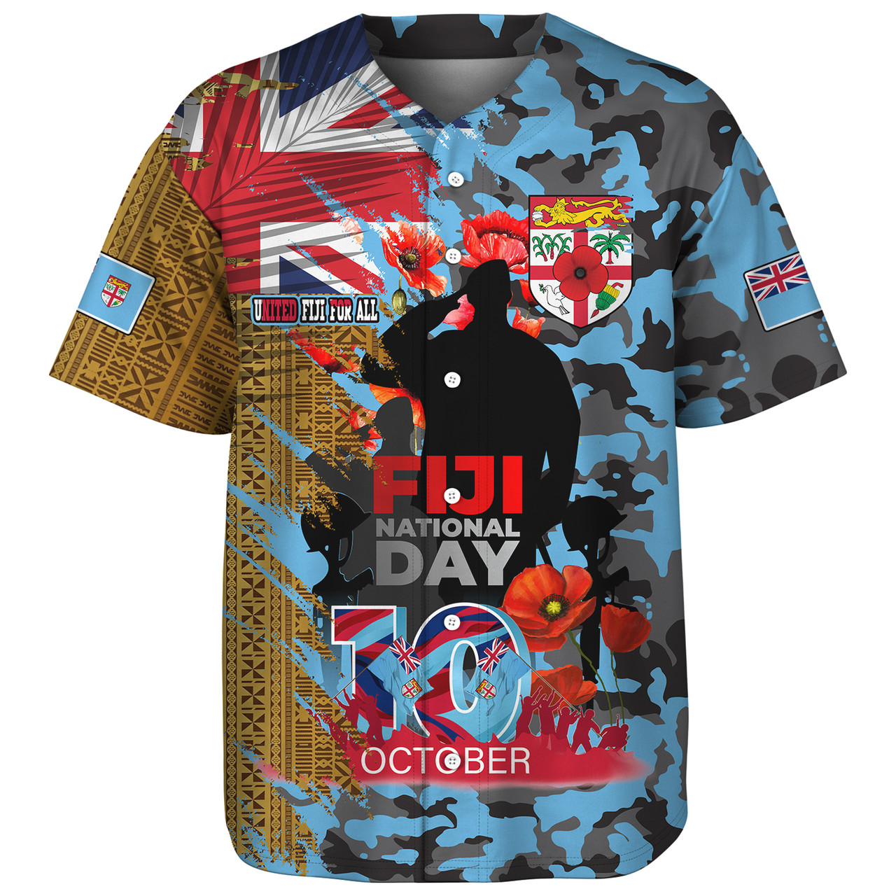 Fiji Baseball Shirt Fiji National Day Red Poppy Half Camouflage x Kesakesa Vakaviti Tapa