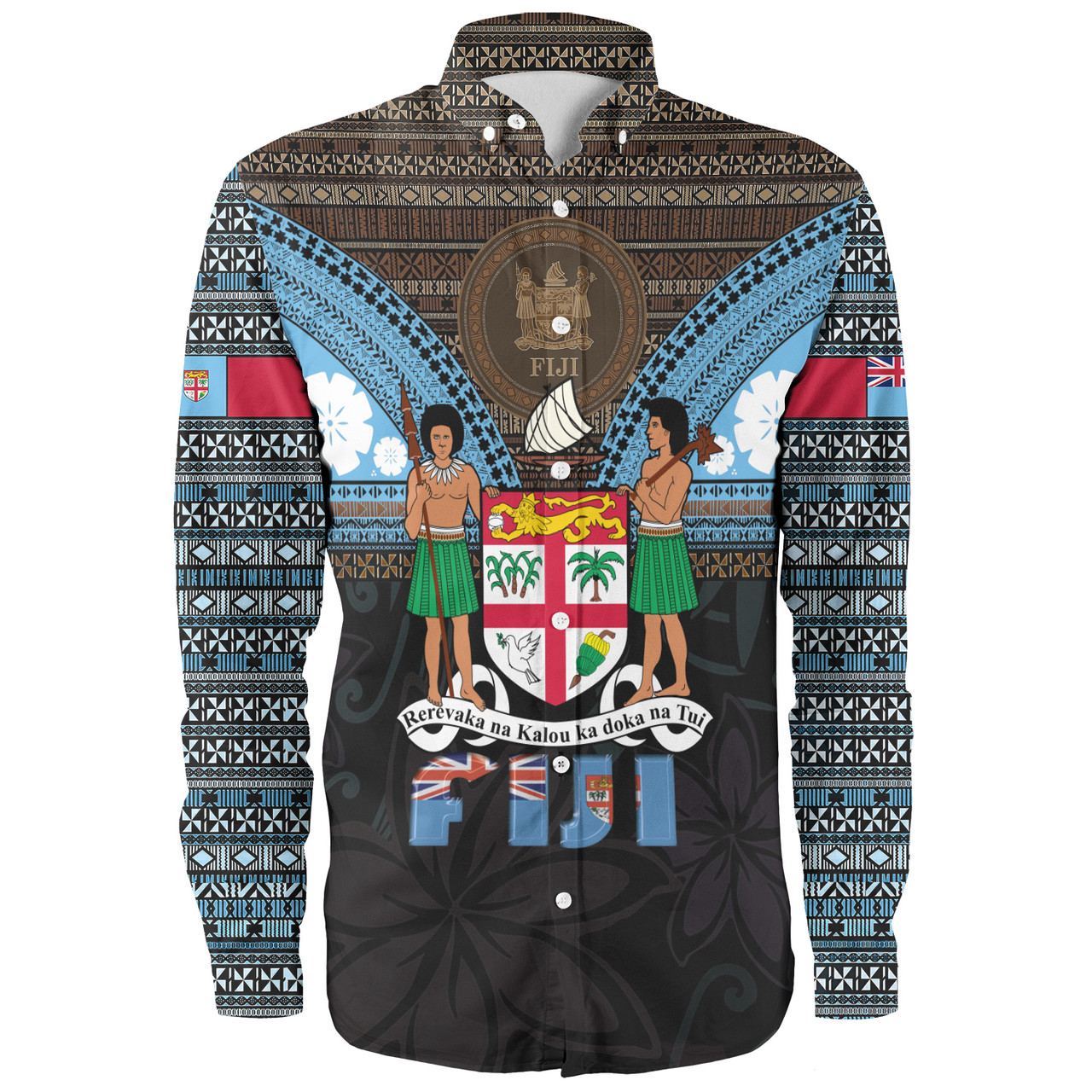 Fiji Long Sleeve Shirt Fiji Brown Masi Design With Coat Of Arms Tribal Half Black