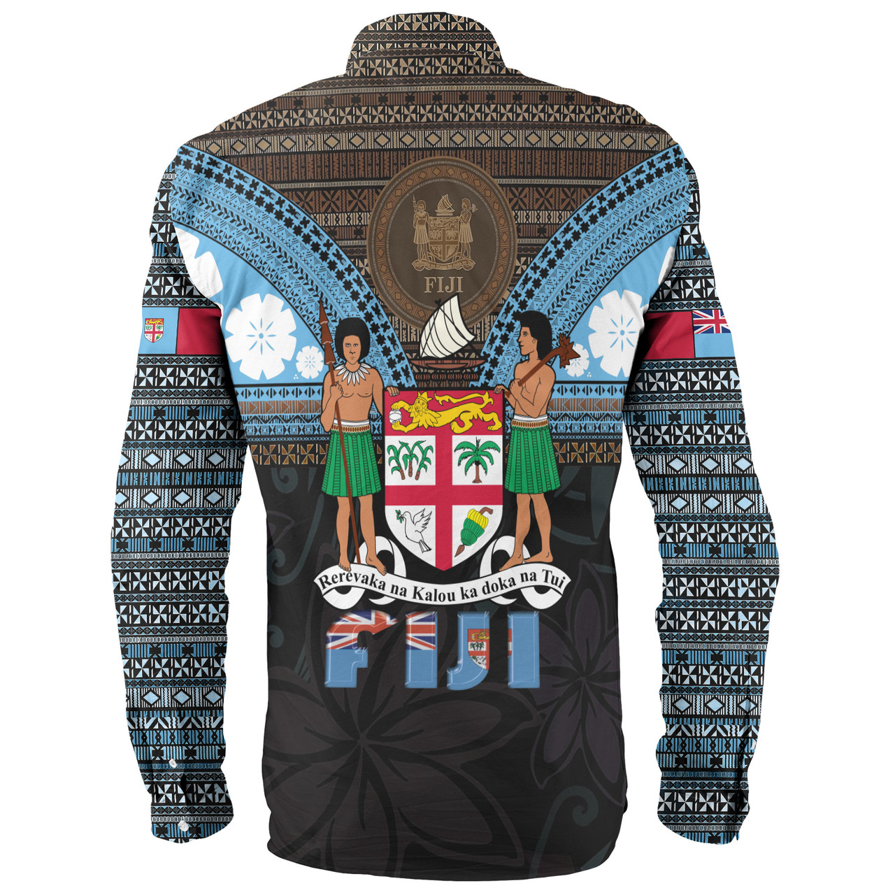 Fiji Long Sleeve Shirt Fiji Brown Masi Design With Coat Of Arms Tribal Half Black