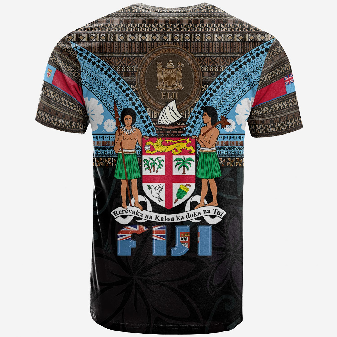 Fiji T-Shirt Fiji Brown Masi Design With Coat Of Arms Tribal Half Black